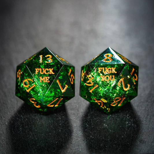 Dark Green Glitter Resin F Word DnD D&D Dice Set - CrystalMaggie