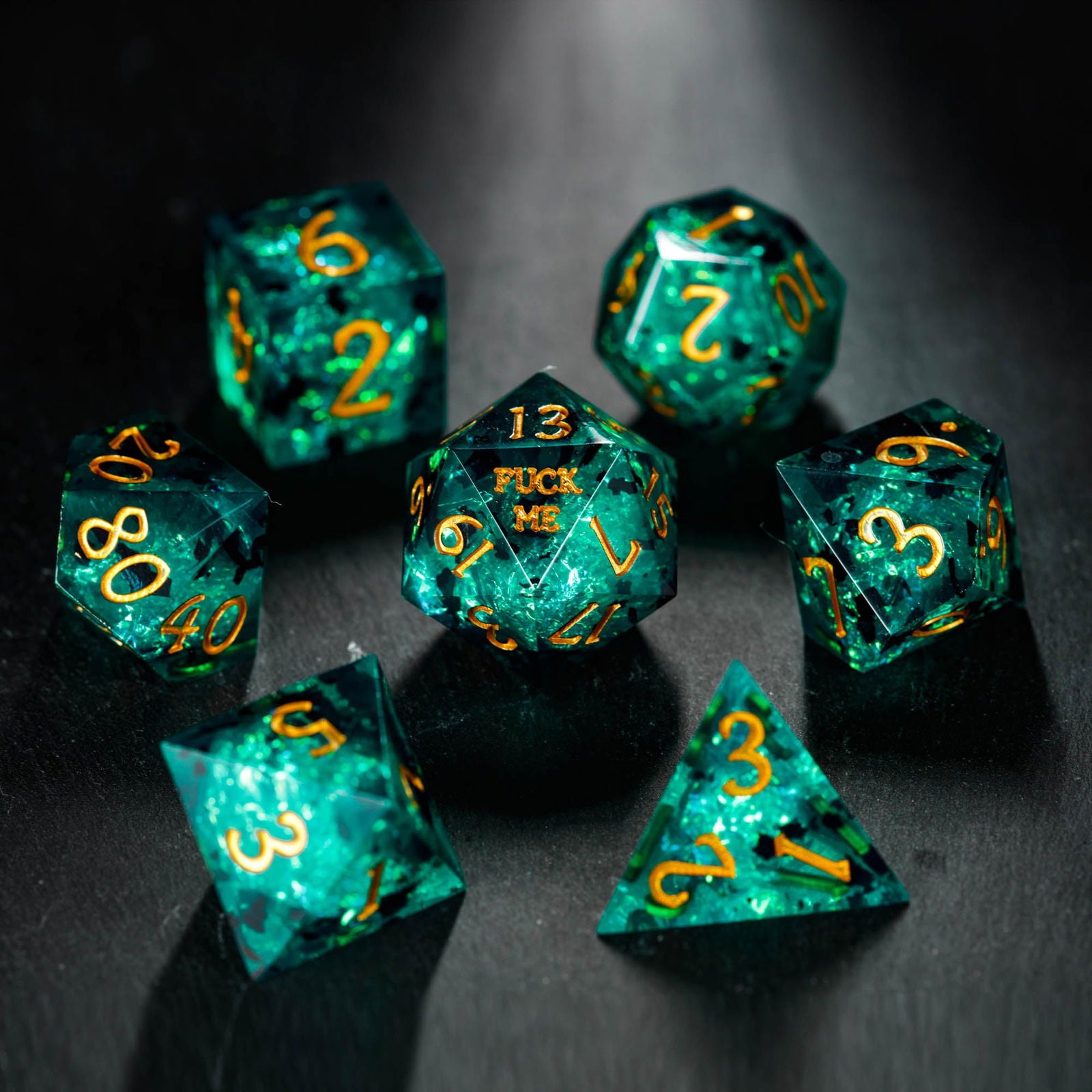 Dark Green Resin F Word DnD D&D Dice Set - CrystalMaggie