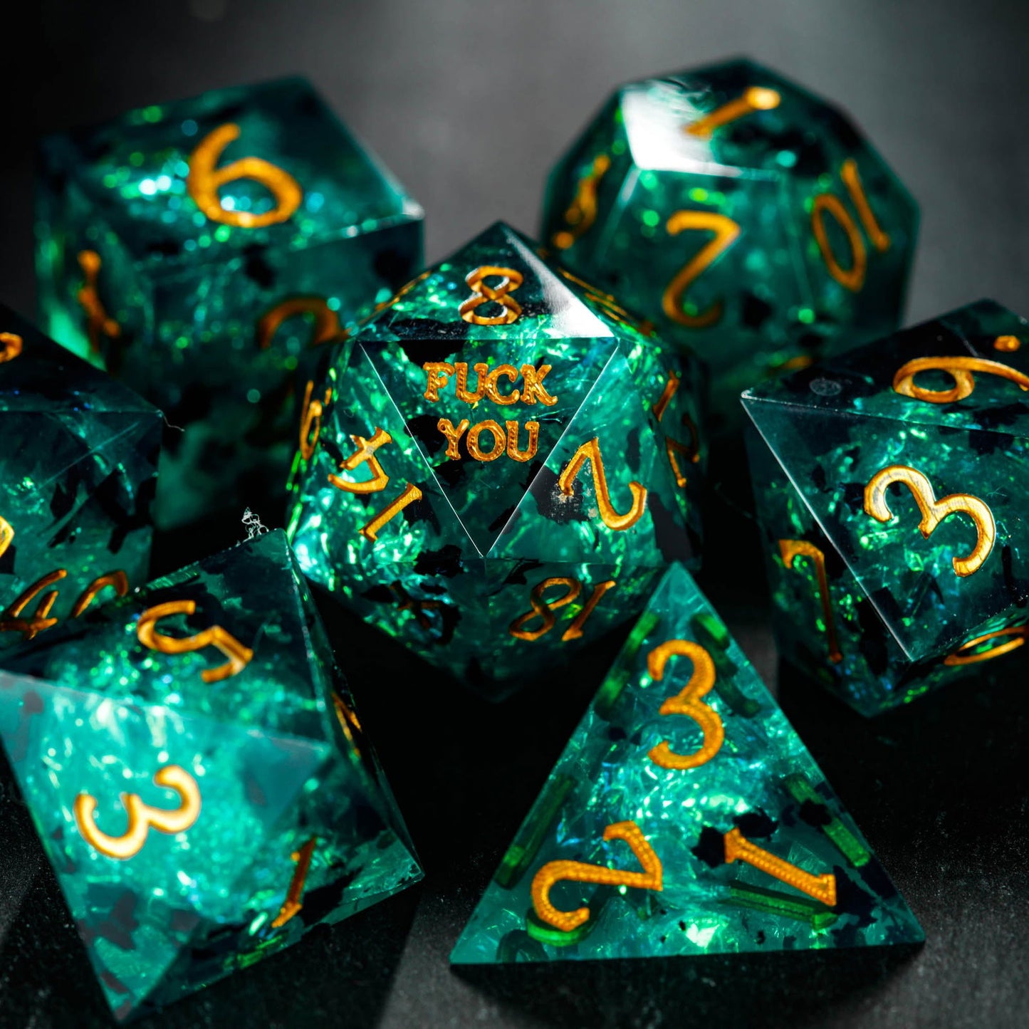 Dark Green Resin F Word DnD D&D Dice Set - CrystalMaggie