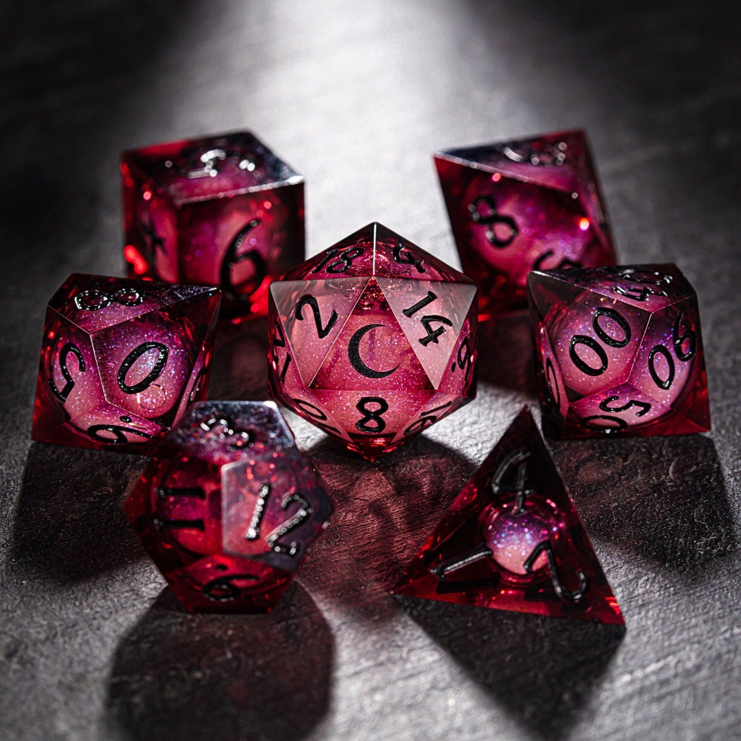 Dark Red Liquid Core Resin Dice Moon DnD D&D Dice Chonk D20 - CrystalMaggie