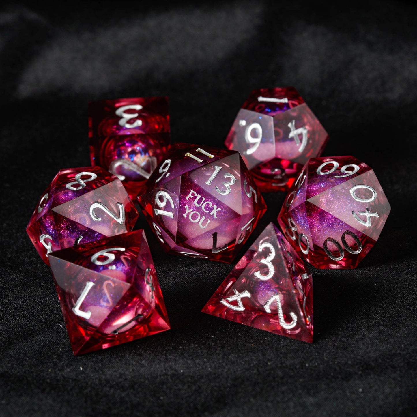 Dark Red Liquid Core Resin F Word DnD D&D Dice Set - CrystalMaggie