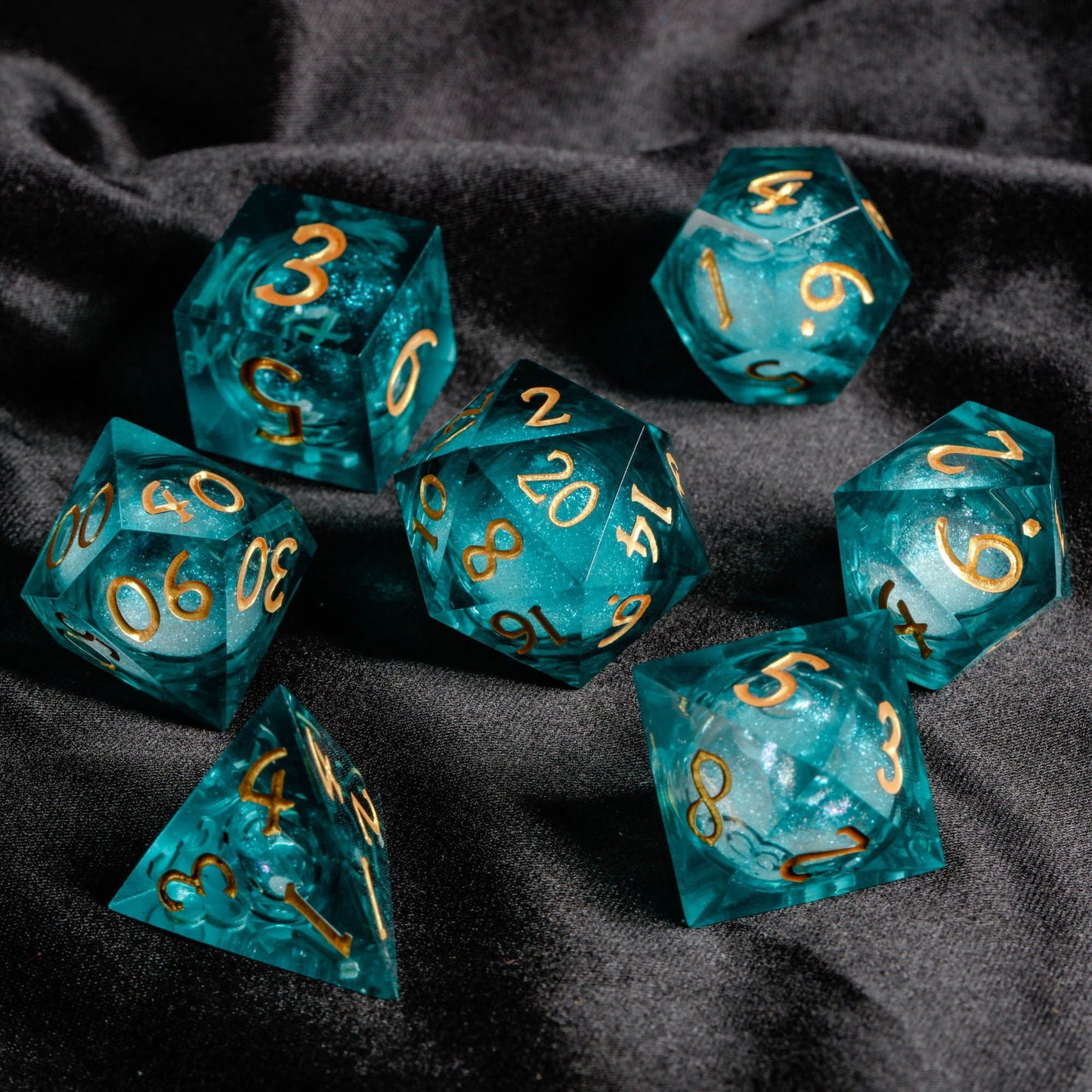 Dark Teal Blue Liquid Core Resin DnD D&D Dice Set - CrystalMaggie