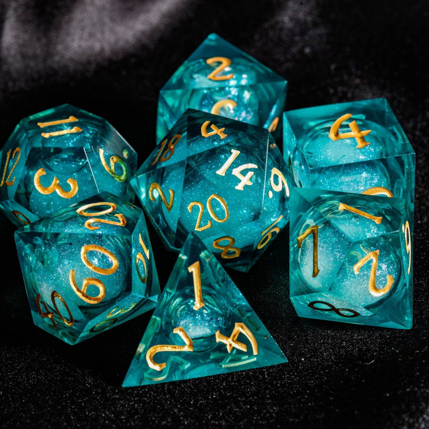 Dark Teal Blue Liquid Core Resin DnD D&D Dice Set - CrystalMaggie