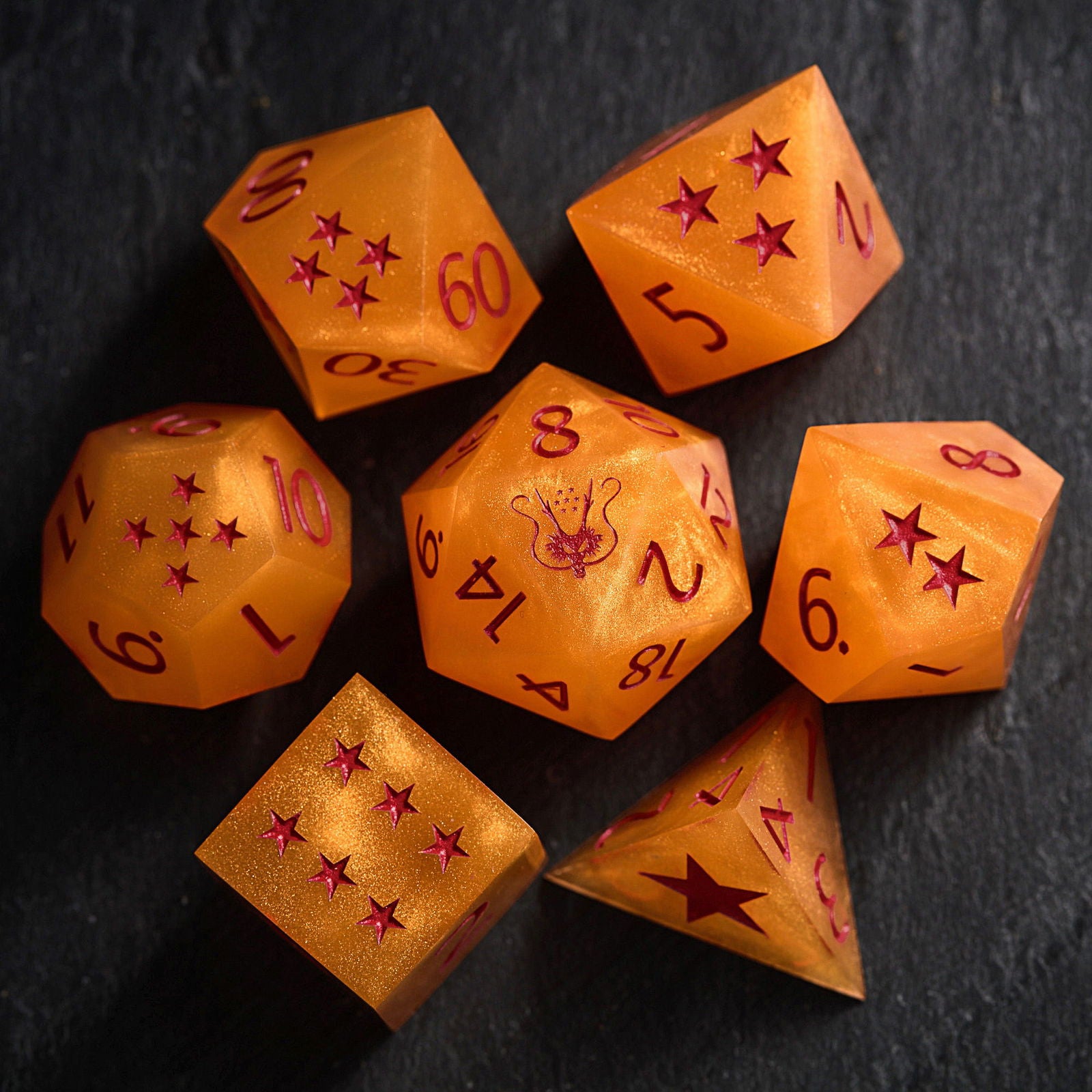 Design inspired by Dragon Ball - Orange Resin DnD D&D Dice Set - CrystalMaggie