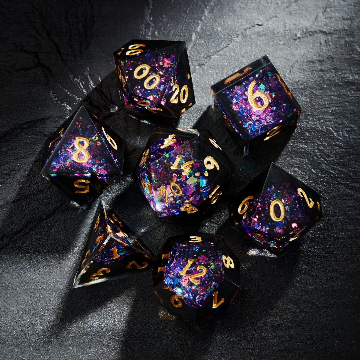 Purple Blue Glitter Crystal Geode Black Resin DnD D&D Dice Set