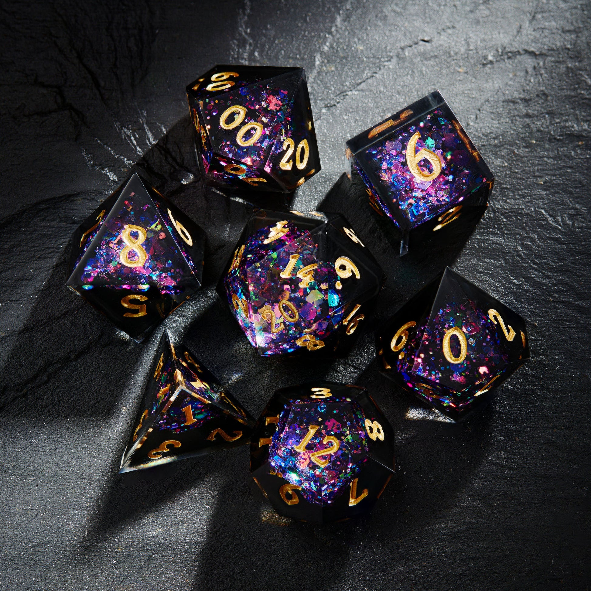 Purple Blue Glitter Crystal Geode Black Resin DnD D&D Dice Set
