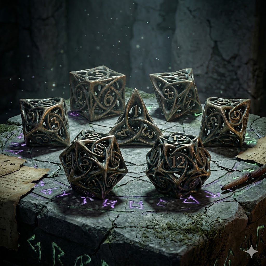 [Lab] Vintage Celtic Knot Hollow Metal Dice - CrystalMaggie