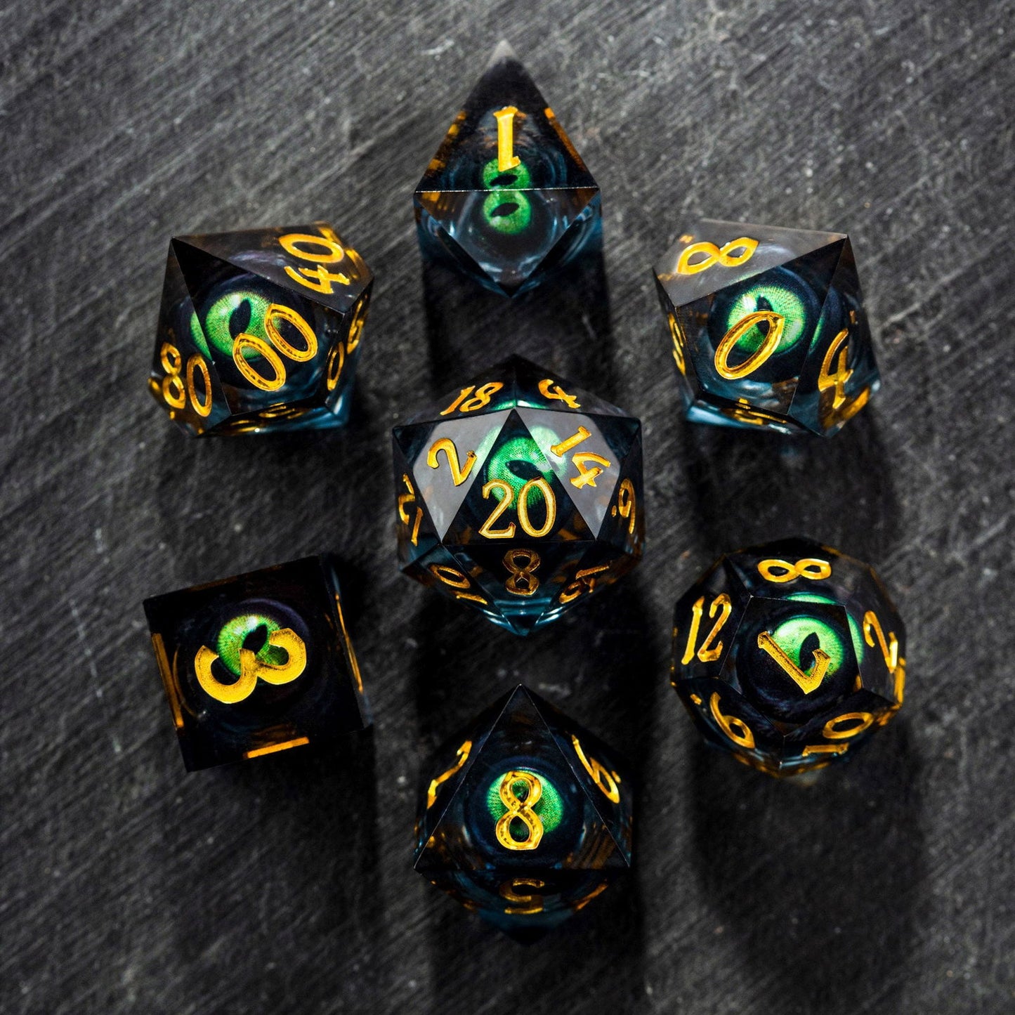 Floating Green Pupil Dragon's Eye Liquid Core Resin DnD D&D Dice Set - CrystalMaggie