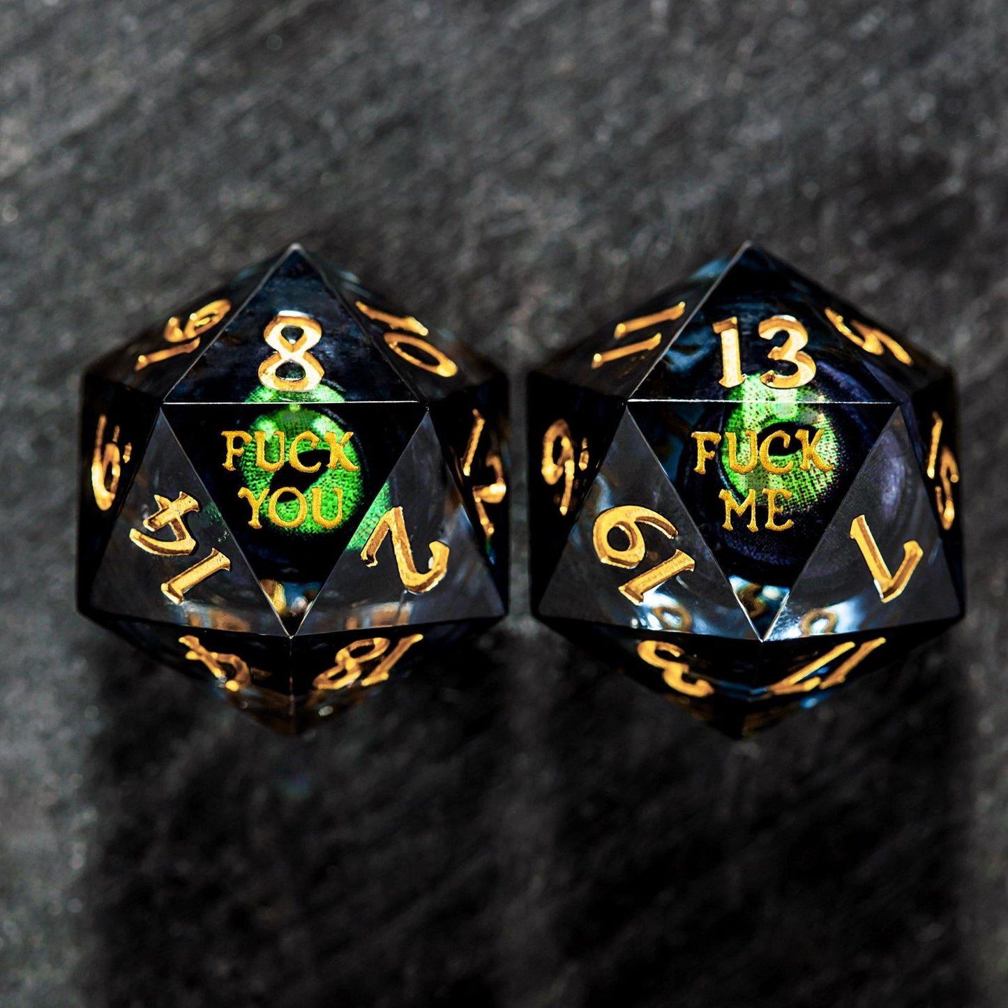 Floating Green Pupil Dragon's Eye Liquid Core Resin F Word DnD D&D Dice Set - CrystalMaggie