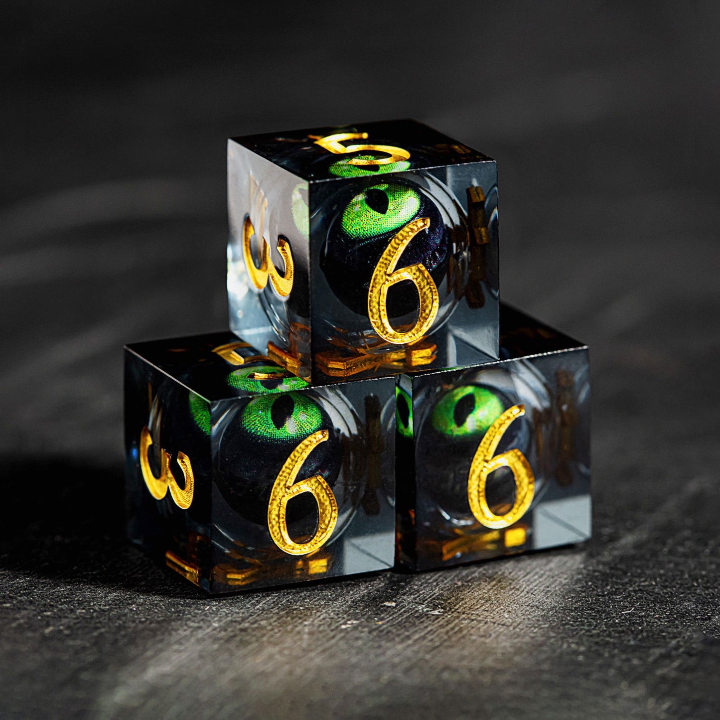 Floating Green Pupil Dragon's Eye Liquid Core Resin F Word DnD D&D Dice Set - CrystalMaggie