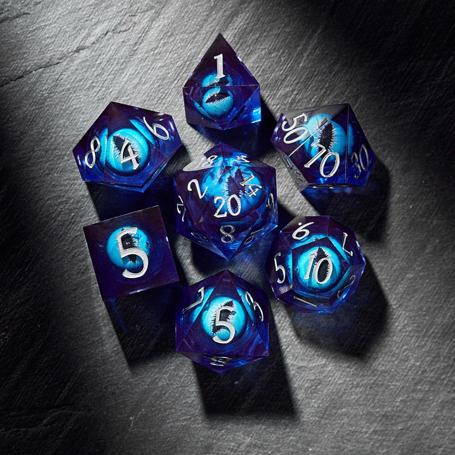 Floating Ice Pupil Dragon Eye Liquid Core Resin DnD D&D Dice Set - CrystalMaggie