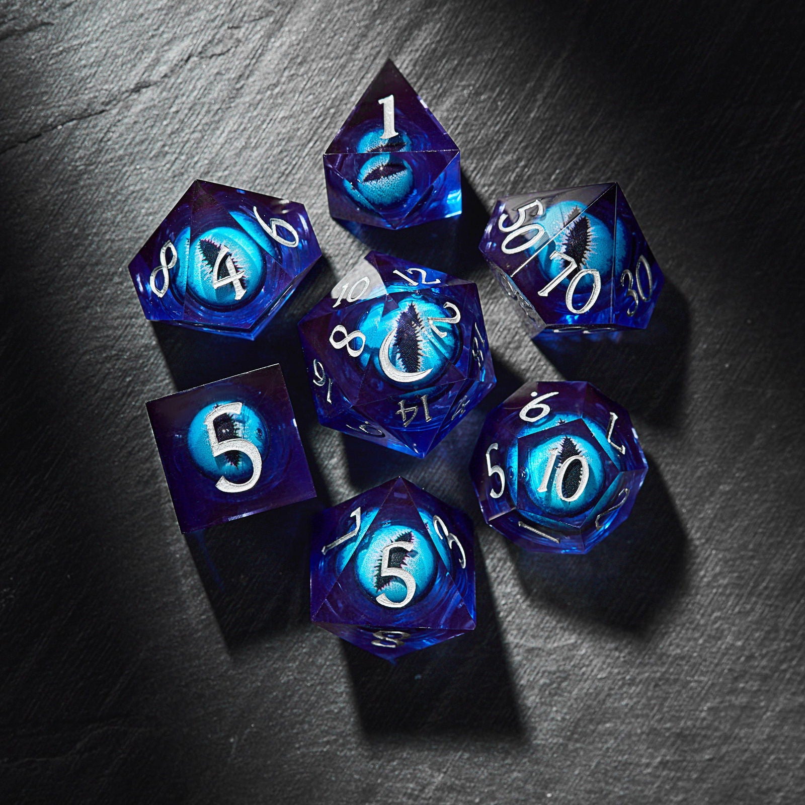 Floating Ice Pupil Dragon Eye Liquid Core Resin Moon DnD D&D Dice Set - CrystalMaggie