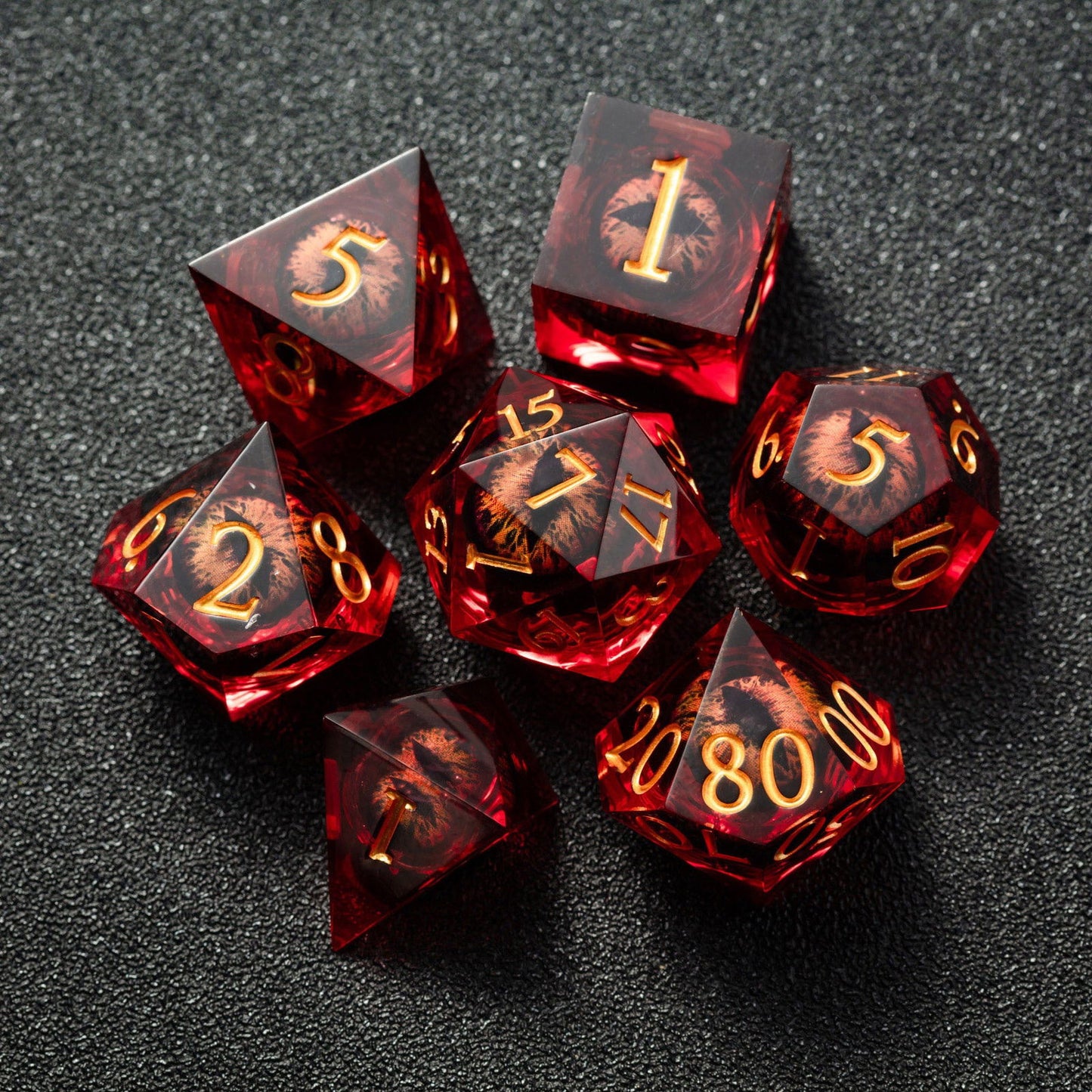 Floating Red Pupil Dragon's Eye Liquid Core Resin DnD D&D Dice Set - CrystalMaggie