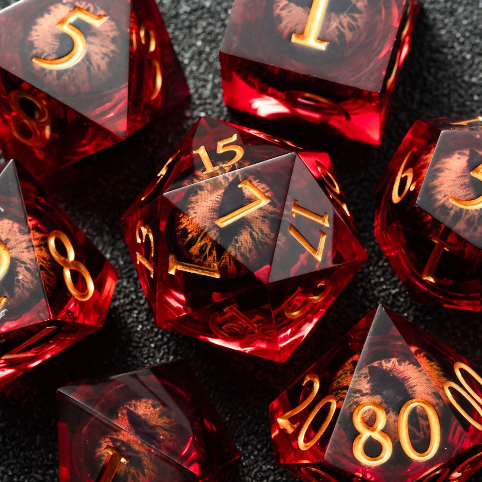 Floating Red Pupil Dragon's Eye Liquid Core Resin DnD D&D Dice Set - CrystalMaggie