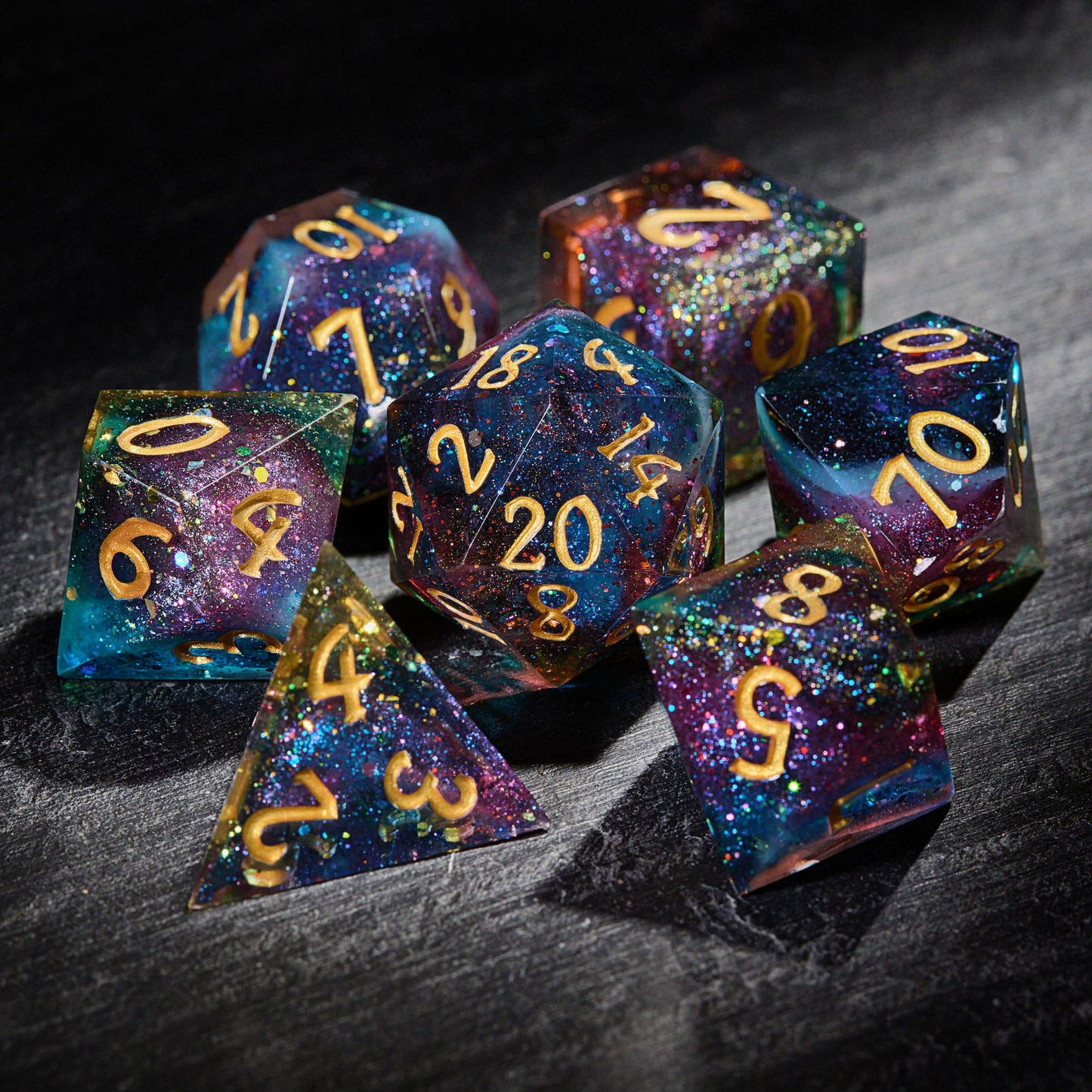 Galactic Fantasy of Colors - Starry Sky Resin DnD D&D Dice Set - CrystalMaggie