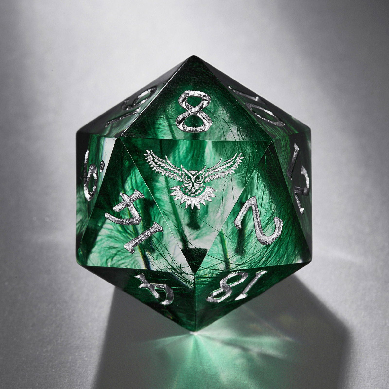 Green Feather Resin Owl DnD D&D Dice Set - CrystalMaggie