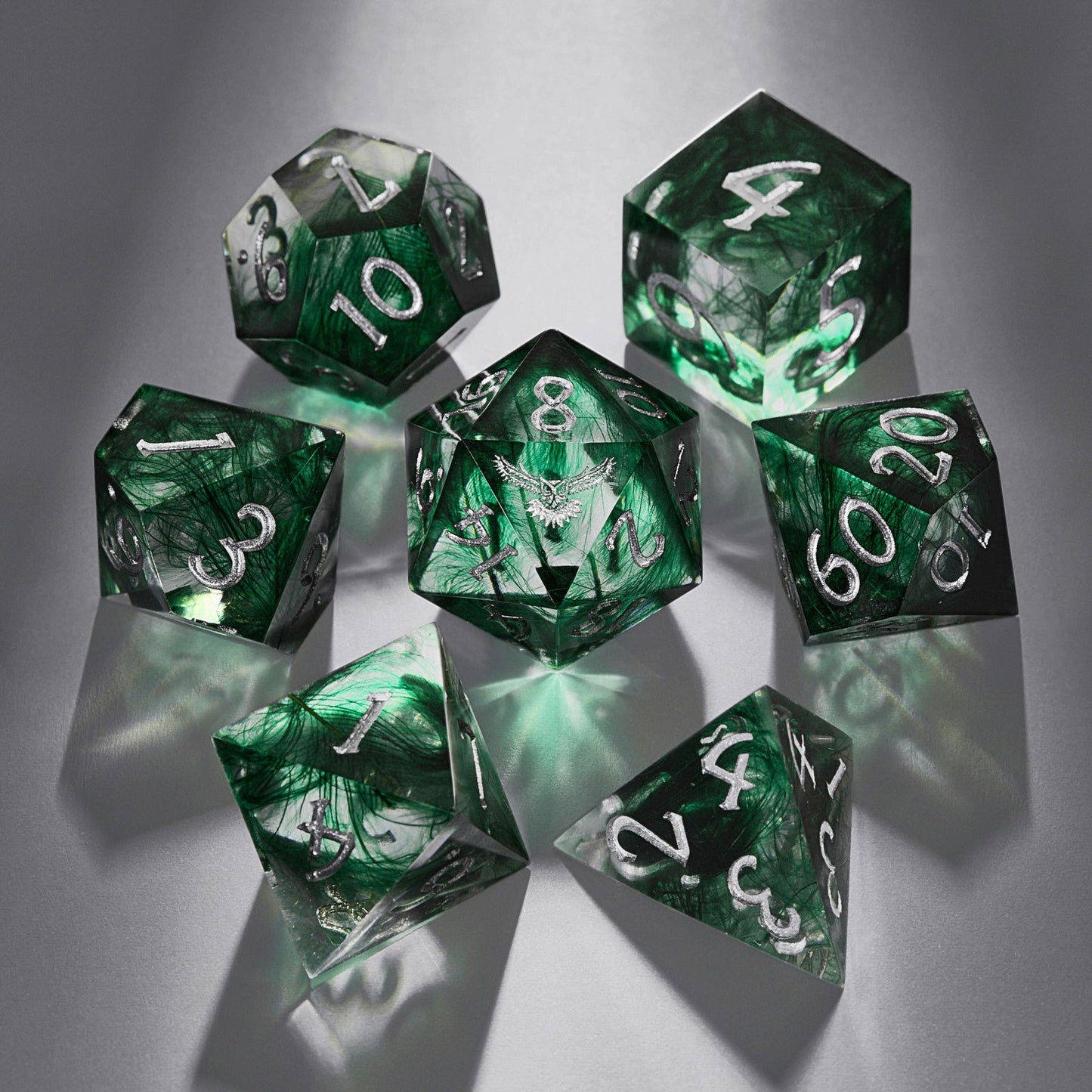 Green Feather Resin Owl DnD D&D Dice Set - CrystalMaggie