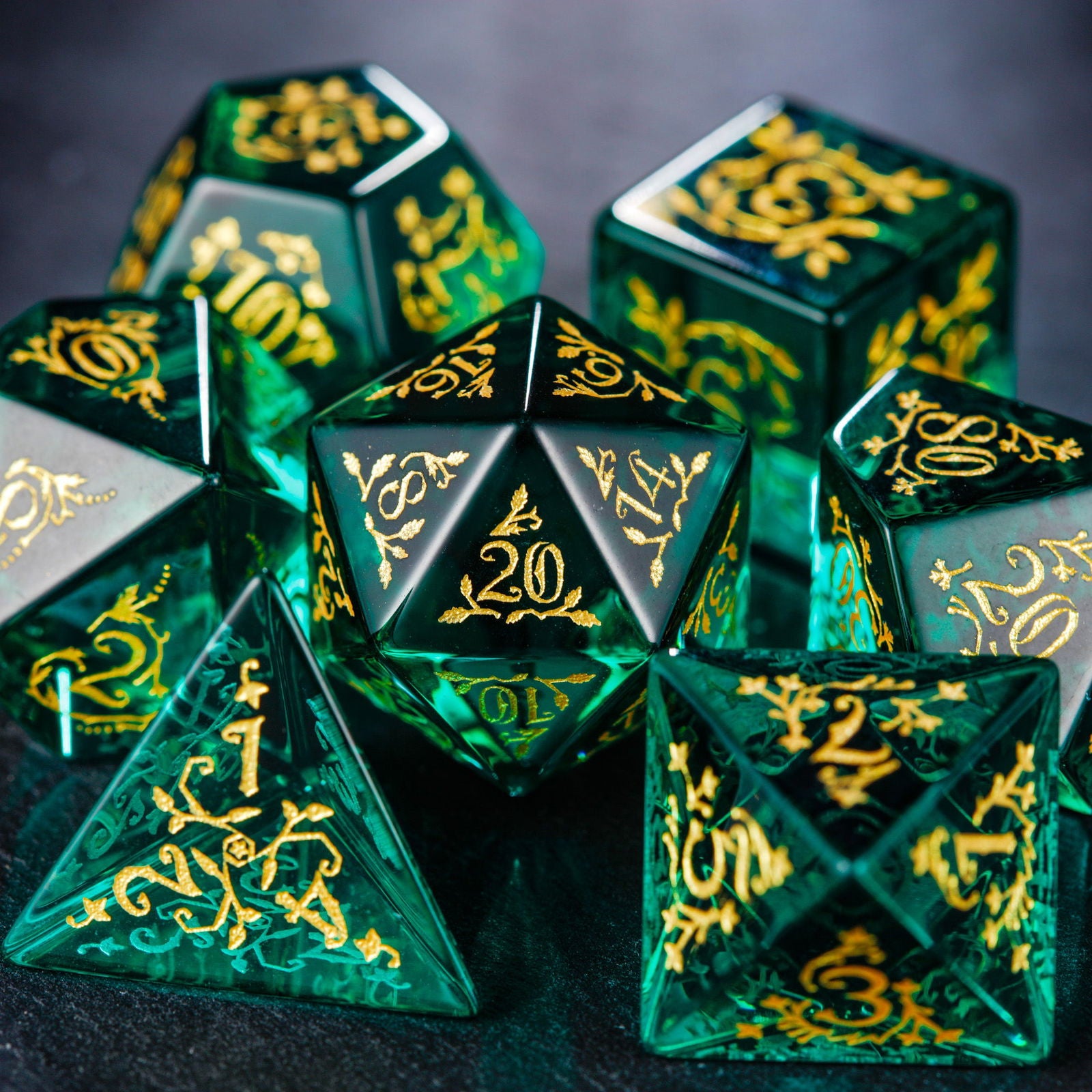 Green Glass Plant Vine Motif DnD D&D Dice Set - CrystalMaggie