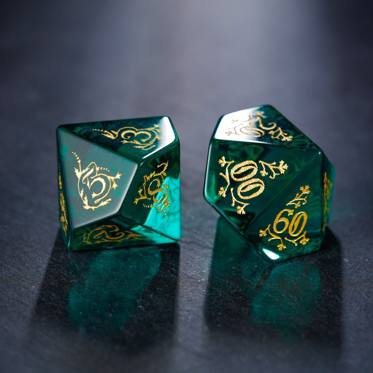 Green Glass Plant Vine Motif DnD D&D Dice Set - CrystalMaggie