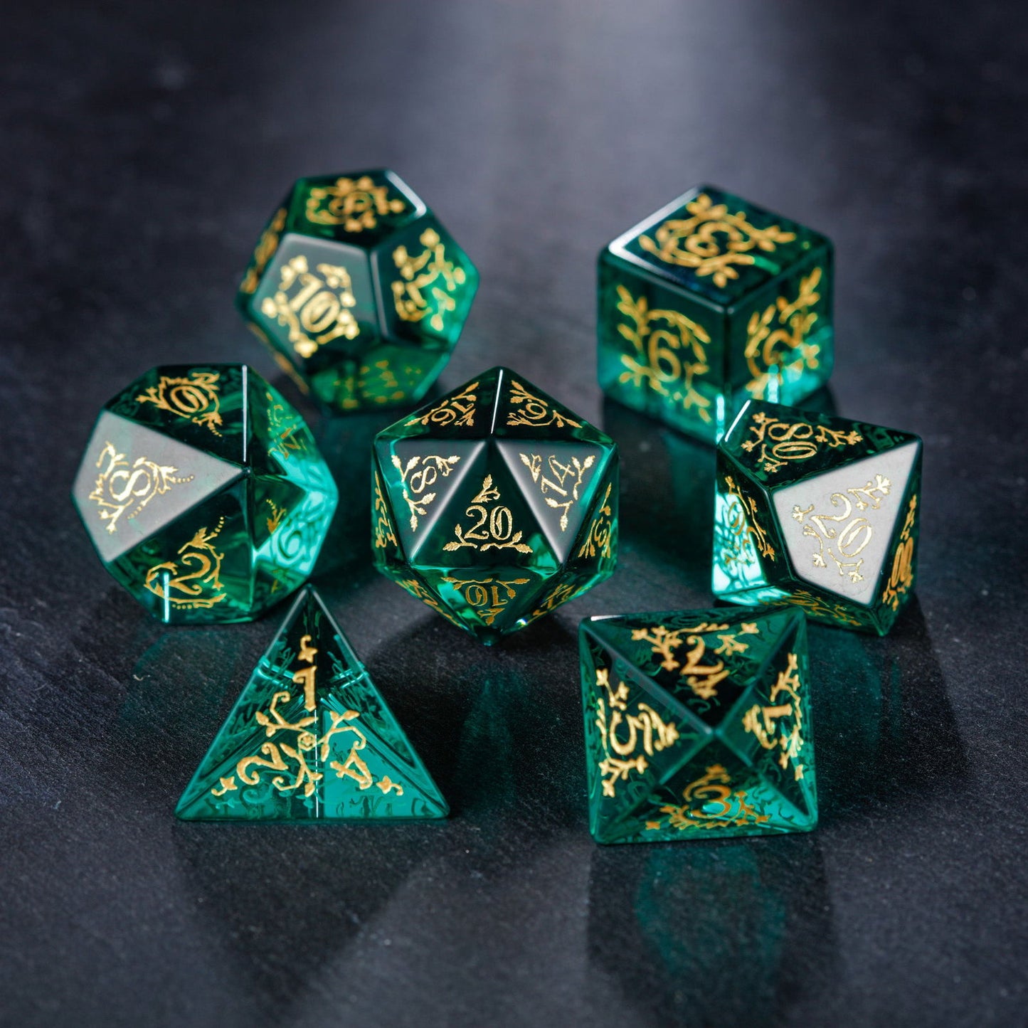 Green Glass Plant Vine Motif DnD D&D Dice Set - CrystalMaggie