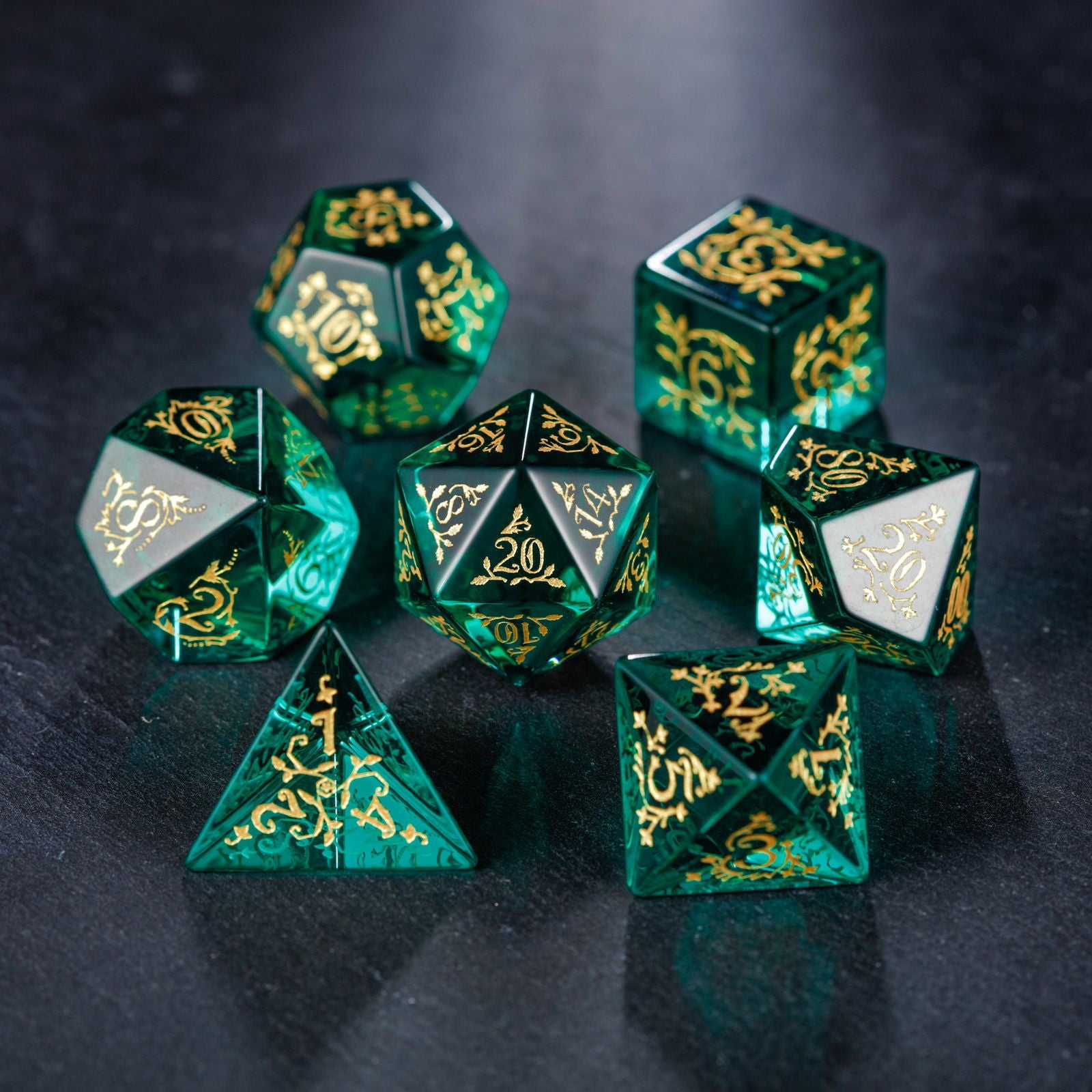 Green Glass Plant Vine Motif DnD D&D Dice Set - CrystalMaggie