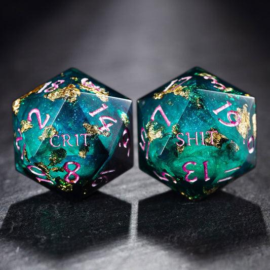 Green Glitter Liquid Core Resin Crit DnD D&D Dice Set - CrystalMaggie