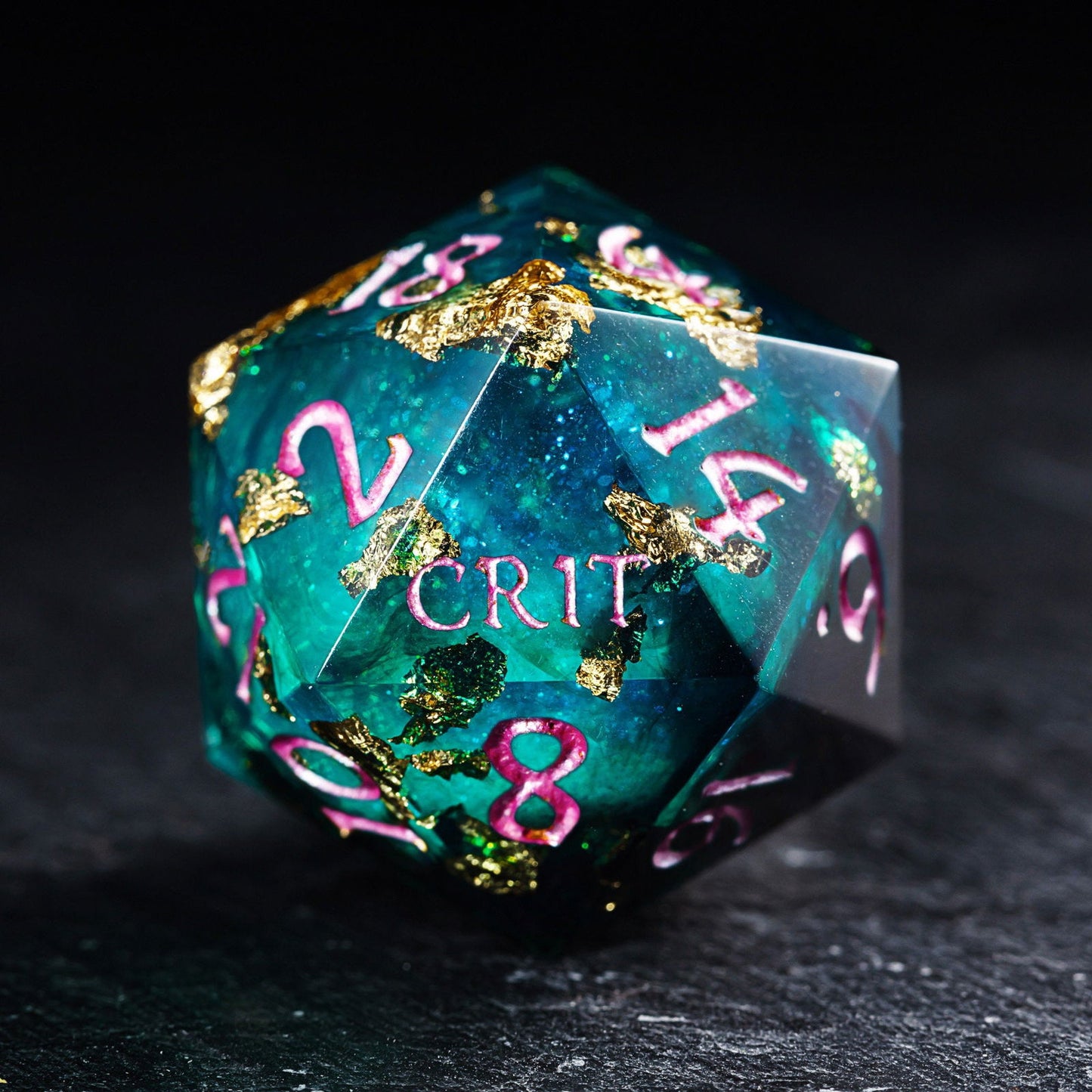 Green Glitter Liquid Core Resin Crit DnD D&D Dice Set - CrystalMaggie