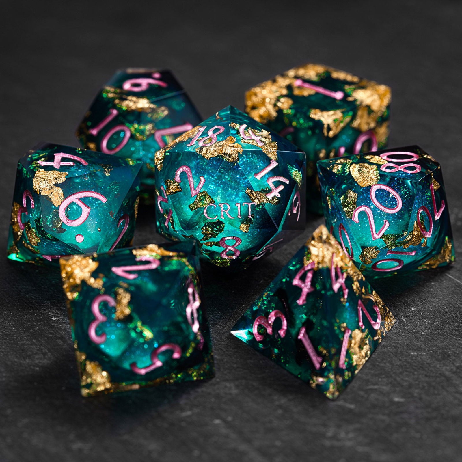 Green Glitter Liquid Core Resin Crit DnD D&D Dice Set - CrystalMaggie