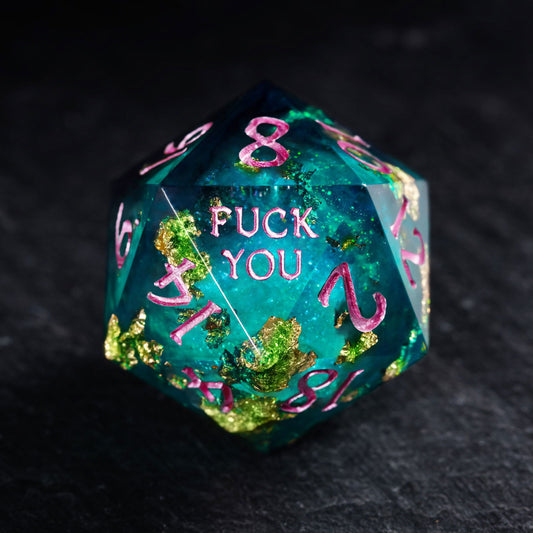 Green Glitter Liquid Core Resin F Word DnD D&D Dice Set - CrystalMaggie