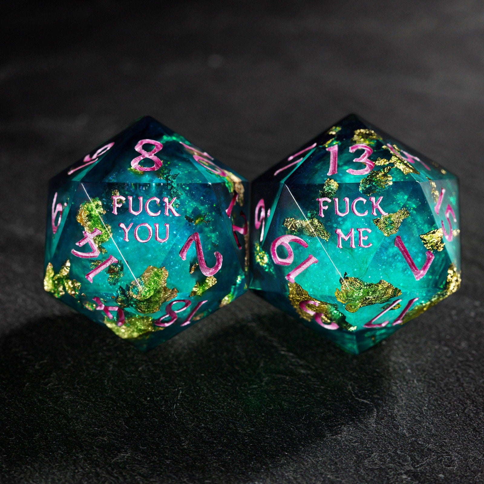 Green Glitter Liquid Core Resin F Word DnD D&D Dice Set - CrystalMaggie