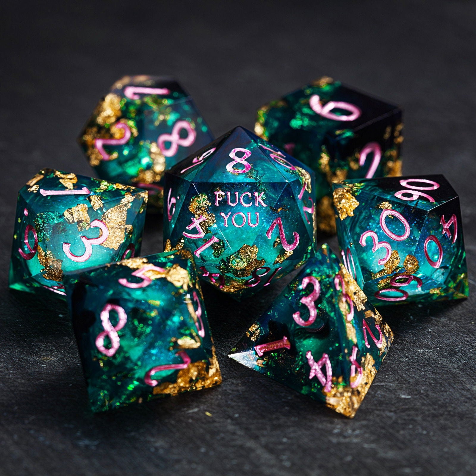 Green Glitter Liquid Core Resin F Word DnD D&D Dice Set - CrystalMaggie