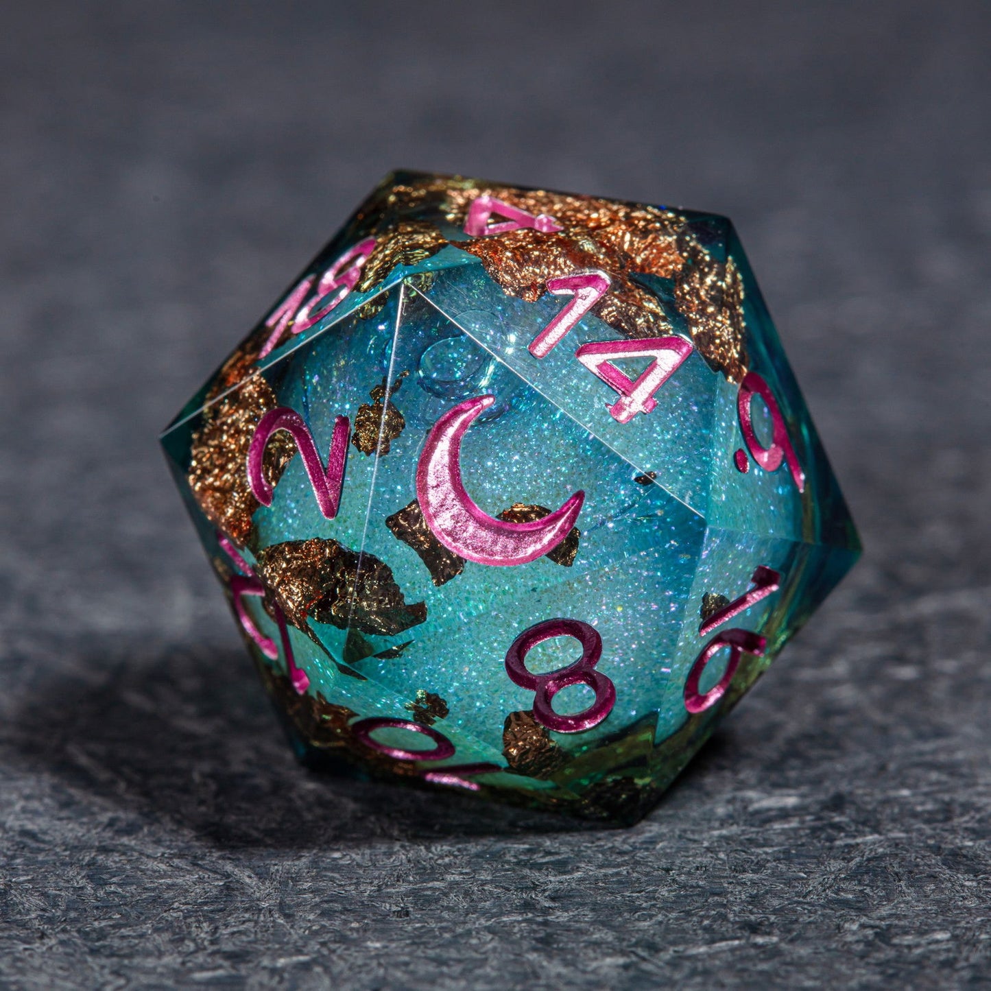 Green Glitter Liquid Core Resin Moon DnD D&D Dice Set - CrystalMaggie