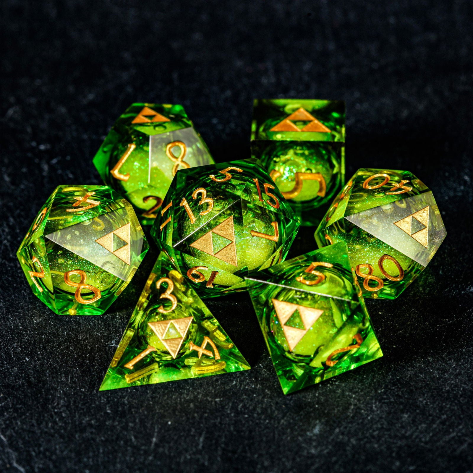 Green Liquid Core Resin All Zelda DnD D&D Dice Set - CrystalMaggie