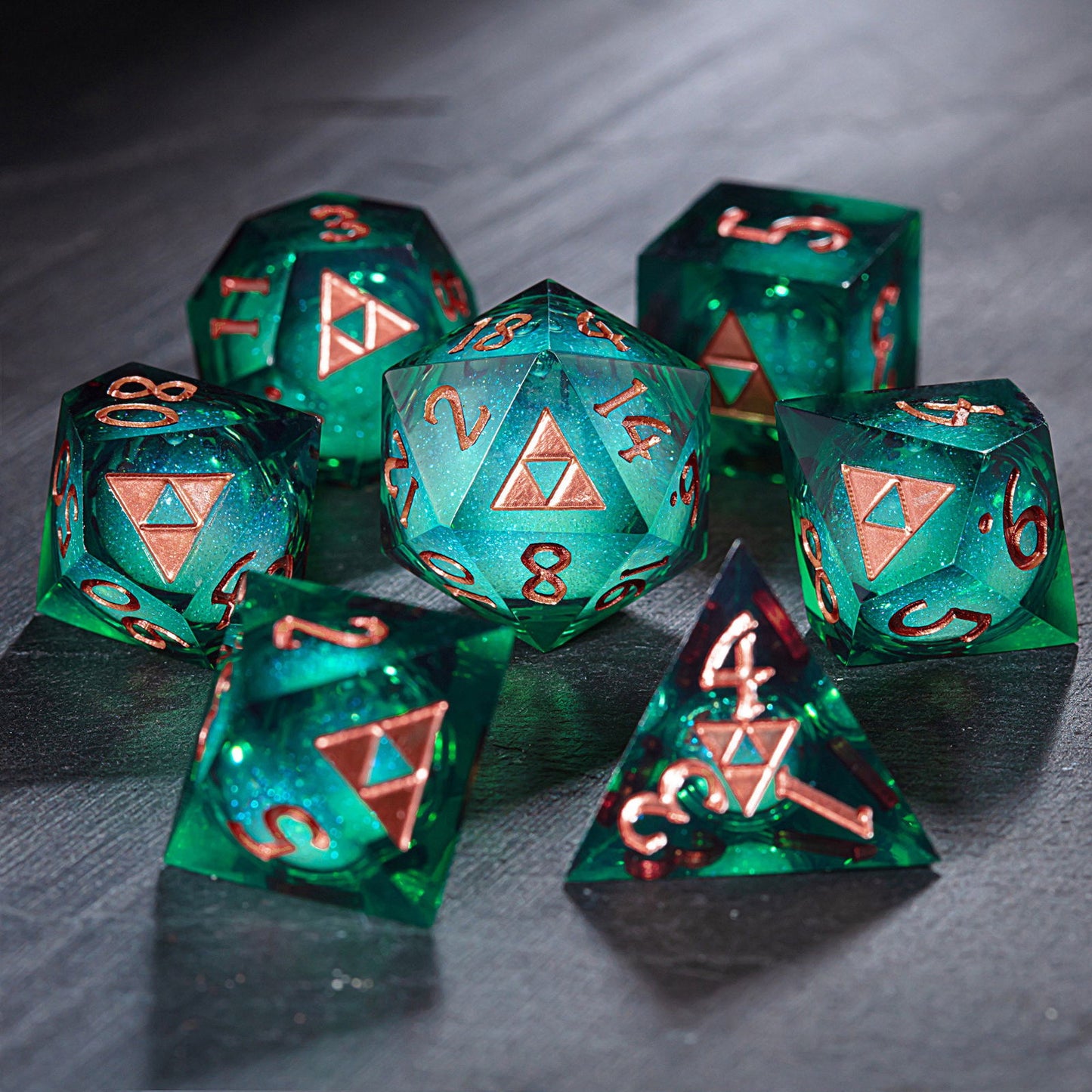 Green Liquid Core Resin Galaxy Dice All Zelda DnD D&D Dice Set - CrystalMaggie