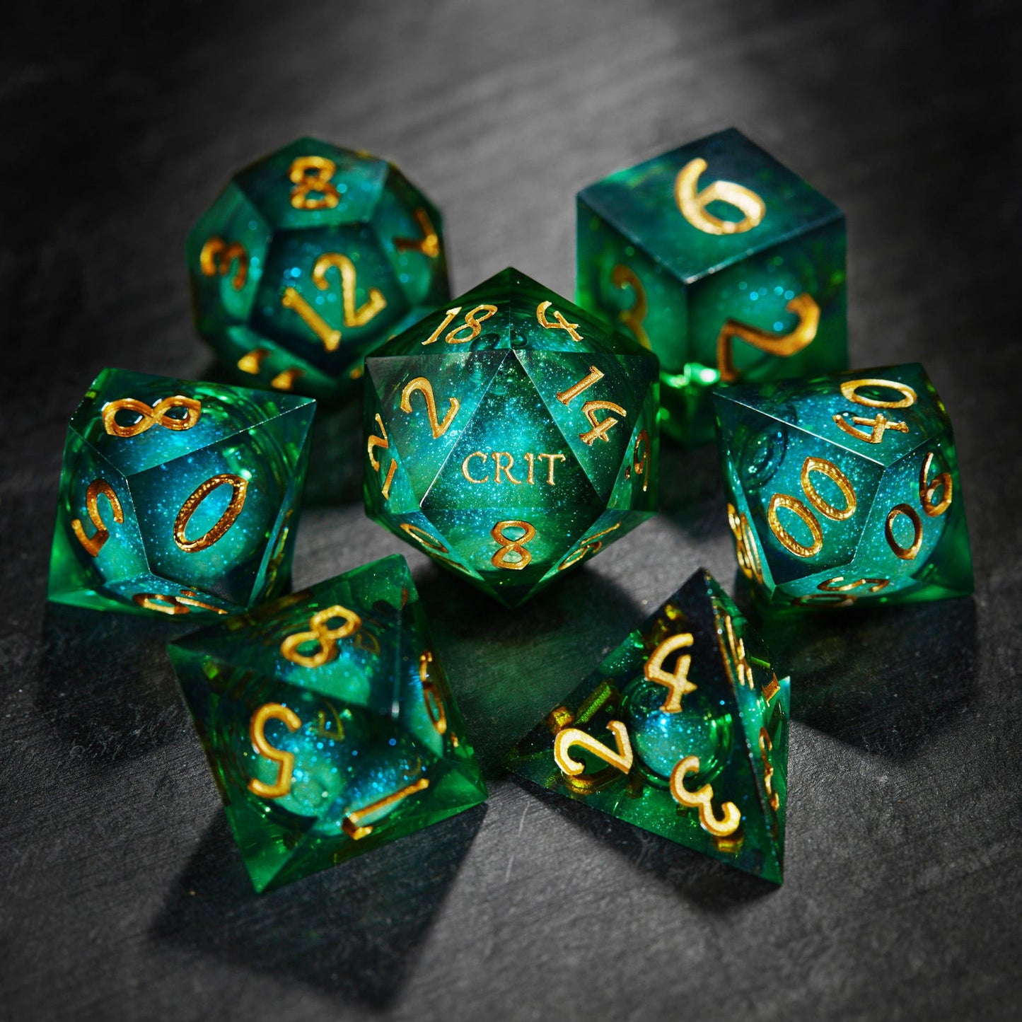 Green Liquid Core Resin Galaxy Dice Crit Dice Set - CrystalMaggie