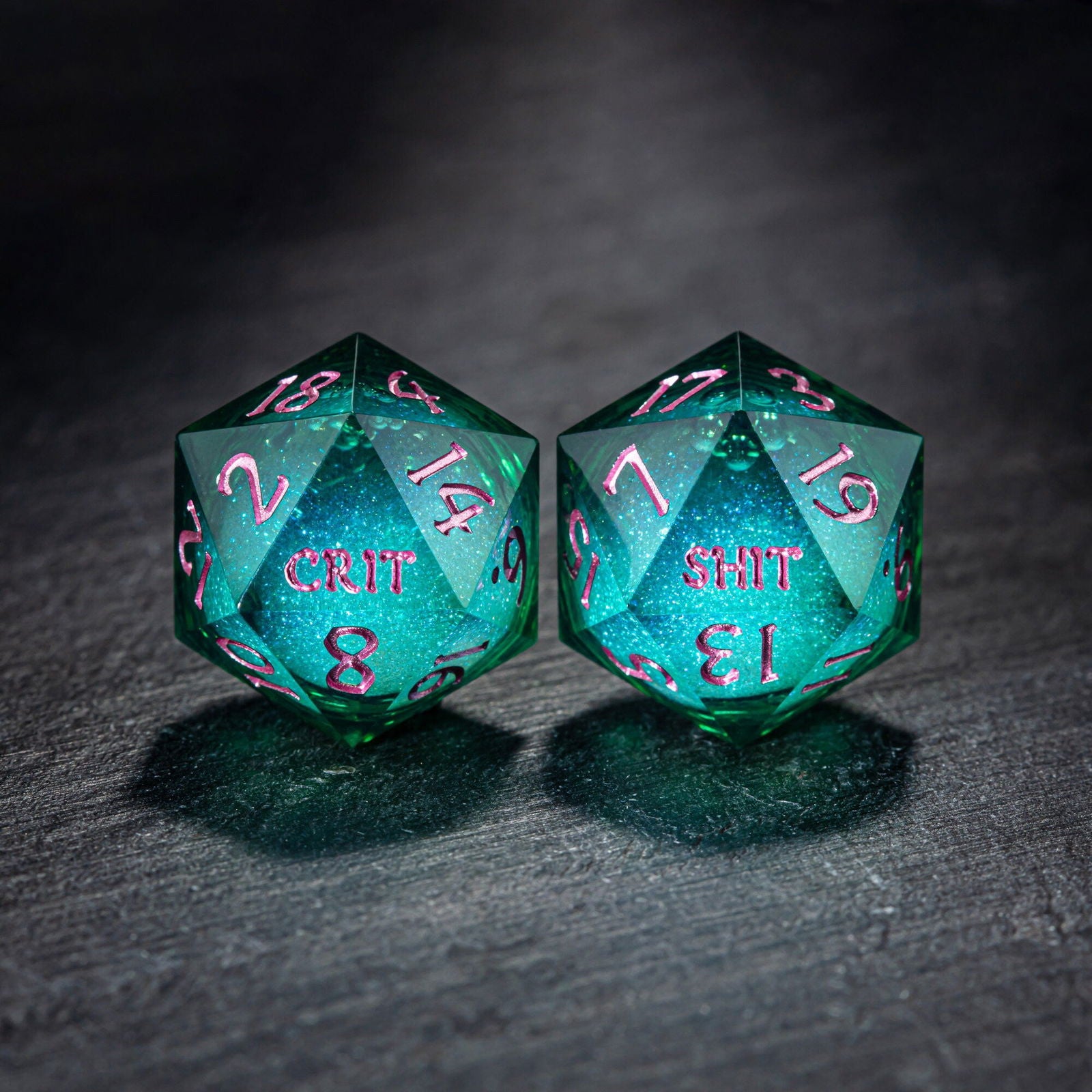 Green Liquid Core Resin Galaxy Dice Crit Sh*t DnD D&D Dice Set - CrystalMaggie