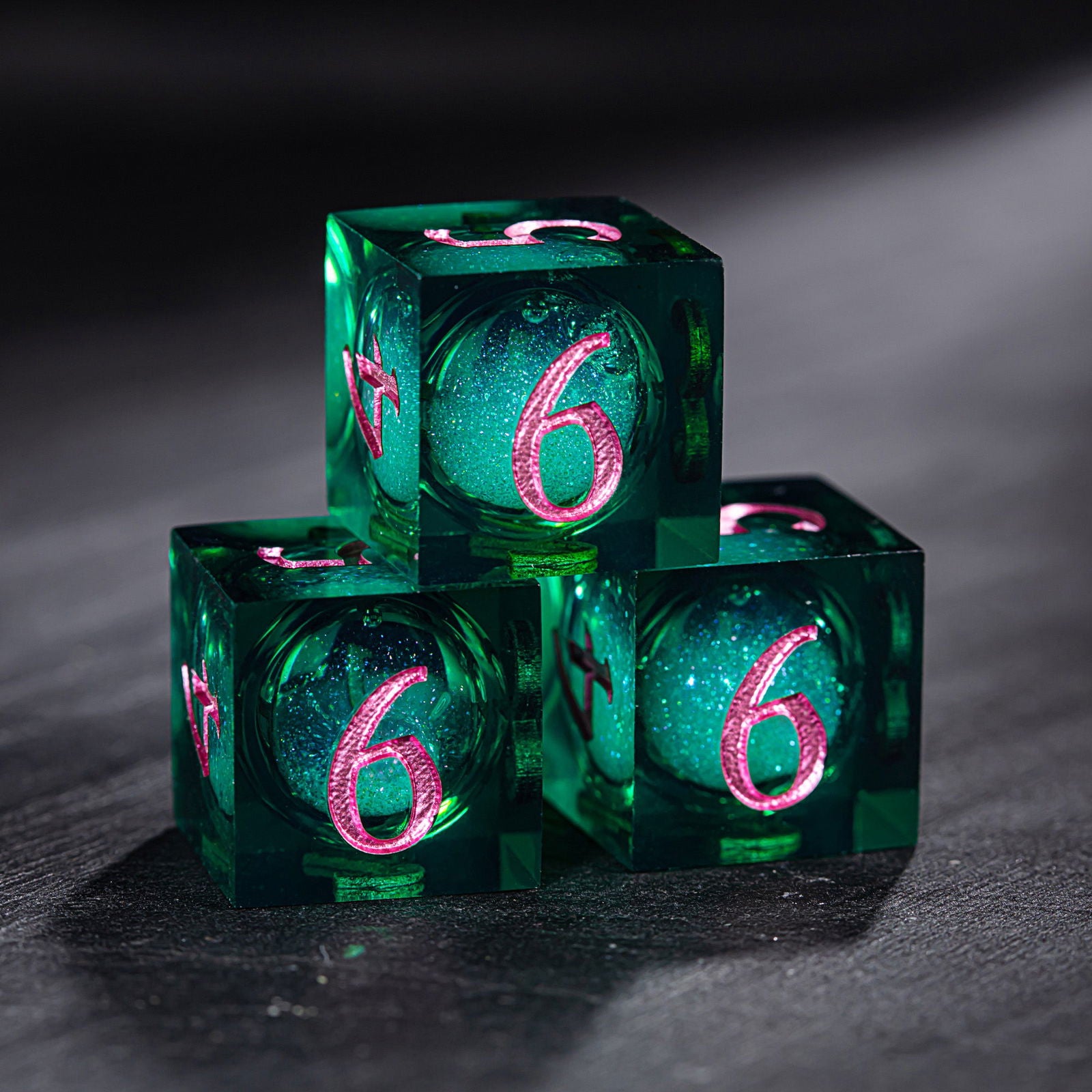 Green Liquid Core Resin Galaxy Dice Crit Sh*t DnD D&D Dice Set - CrystalMaggie