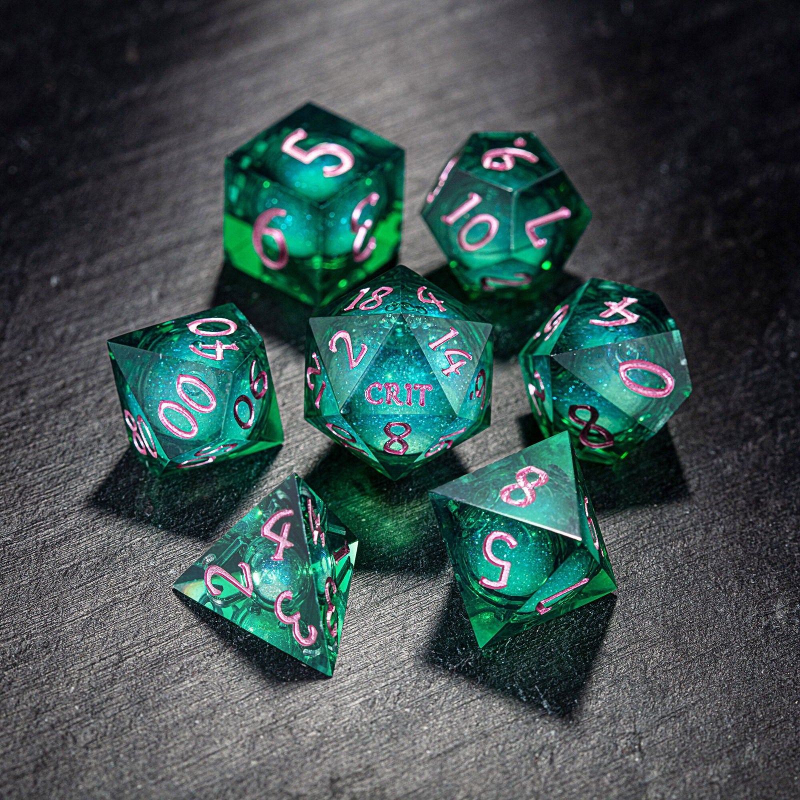 Green Liquid Core Resin Galaxy Dice Crit Sh*t DnD D&D Dice Set - CrystalMaggie