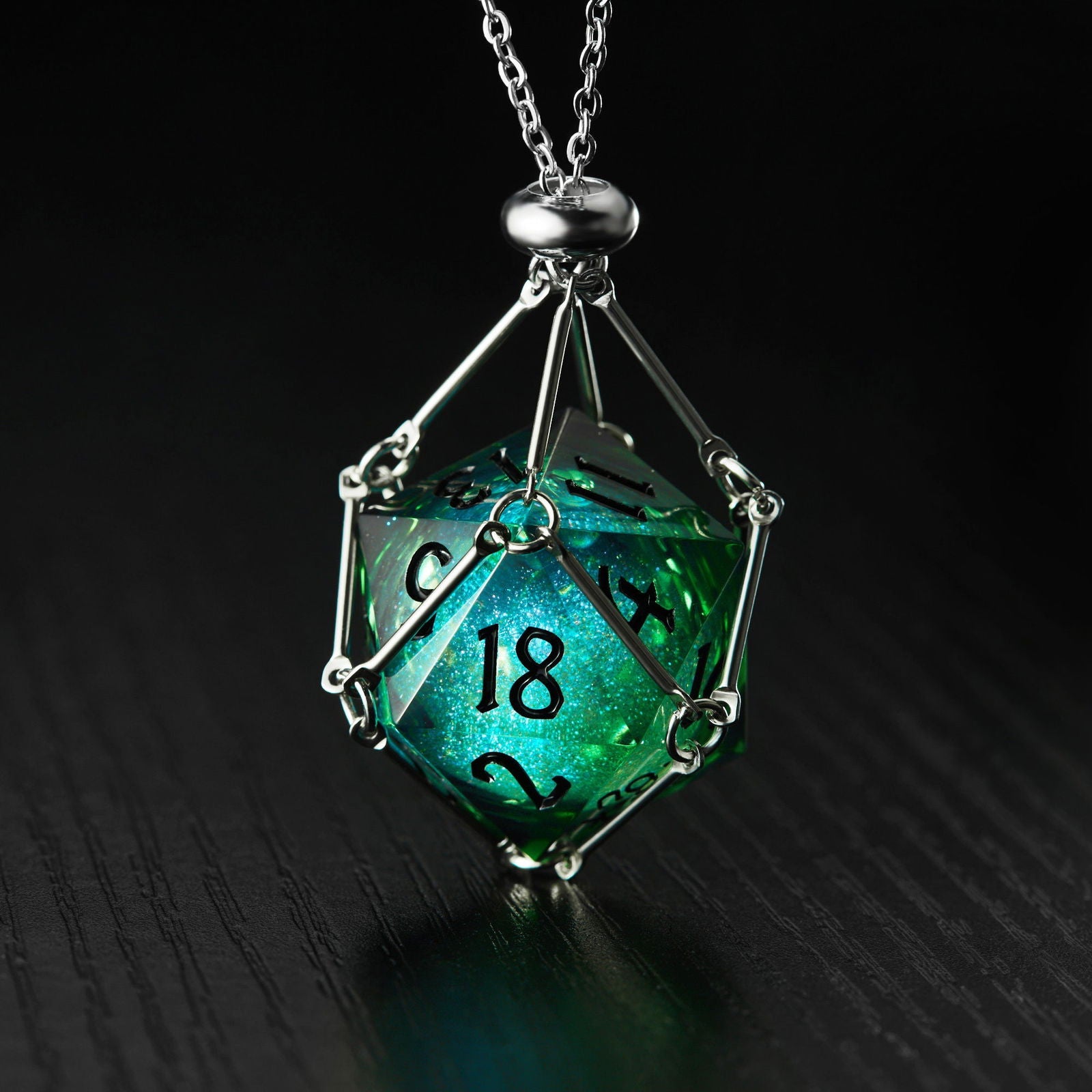 Green Liquid Core Resin Galaxy Dice F Word DnD D&D D20 Necklace - CrystalMaggie