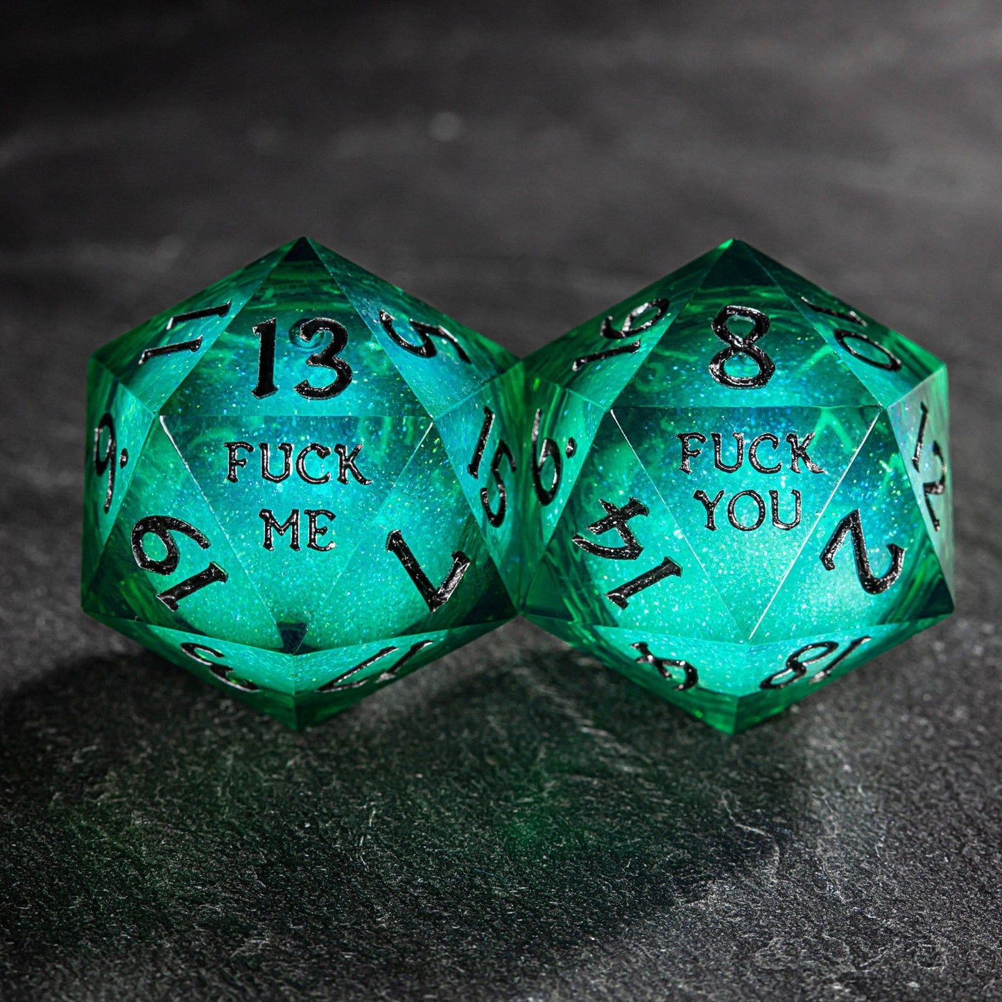 Green Liquid Core Resin Galaxy Dice F Word DnD D&D D20 Necklace - CrystalMaggie