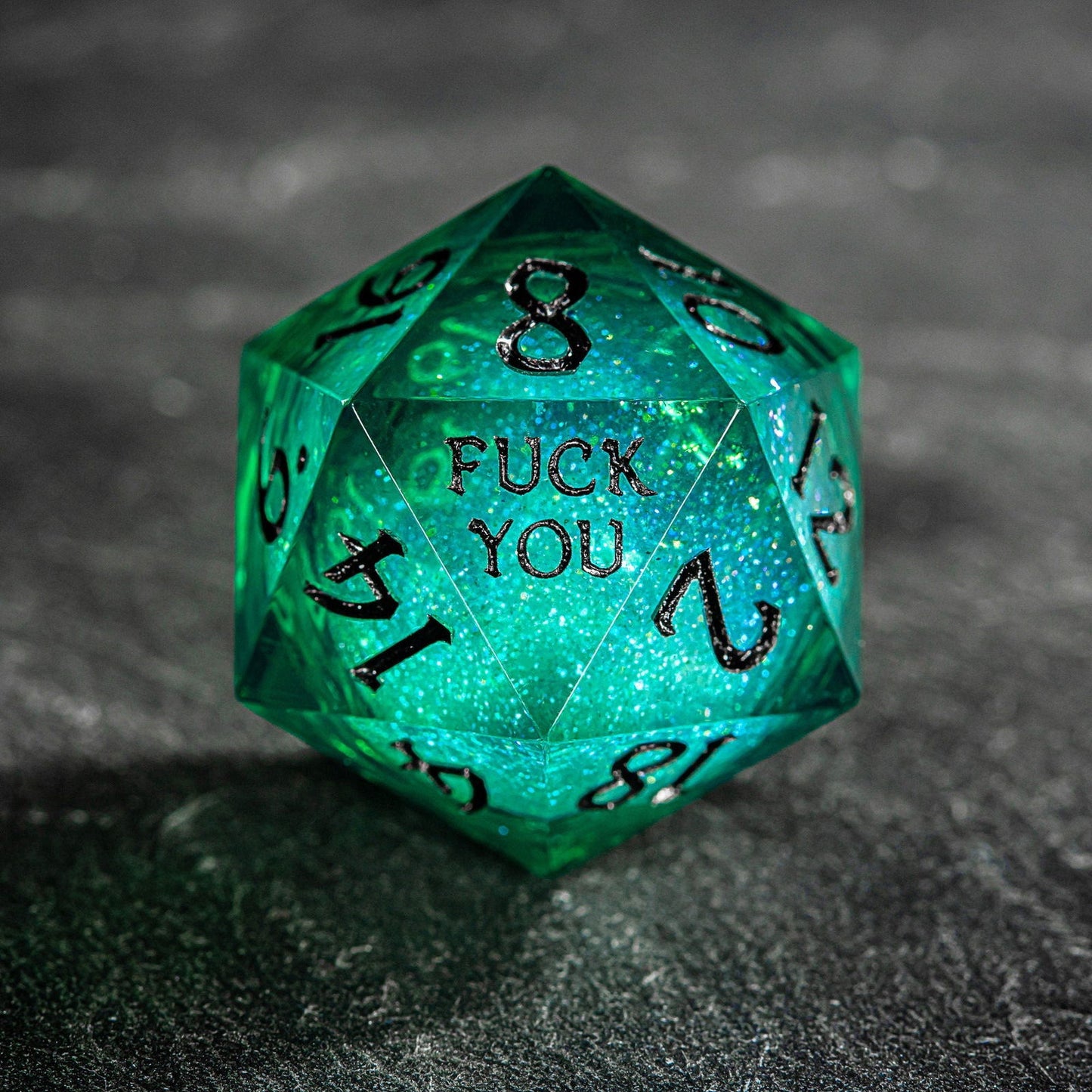 Green Liquid Core Resin Galaxy Dice F Word DnD D&D D20 Necklace - CrystalMaggie