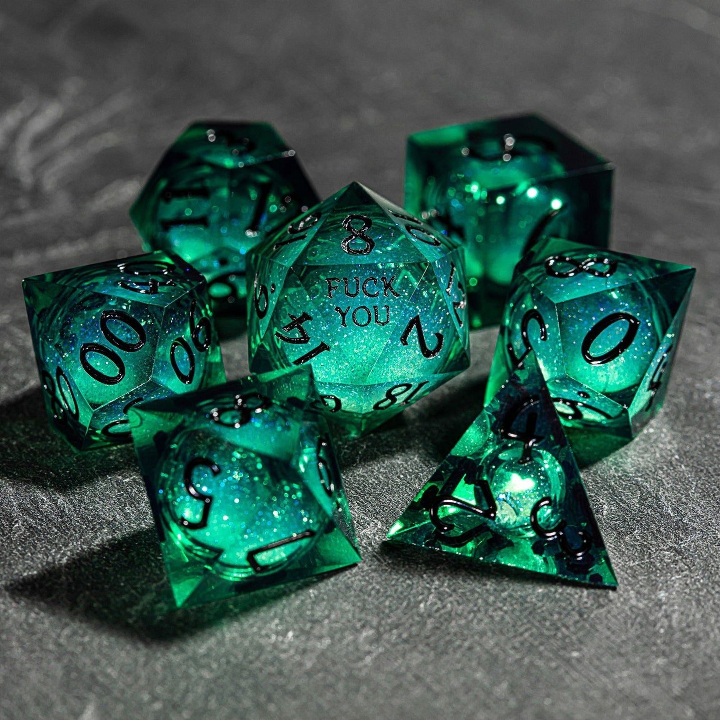 Green Liquid Core Resin Galaxy Dice F Word DnD D&D D20 Necklace - CrystalMaggie