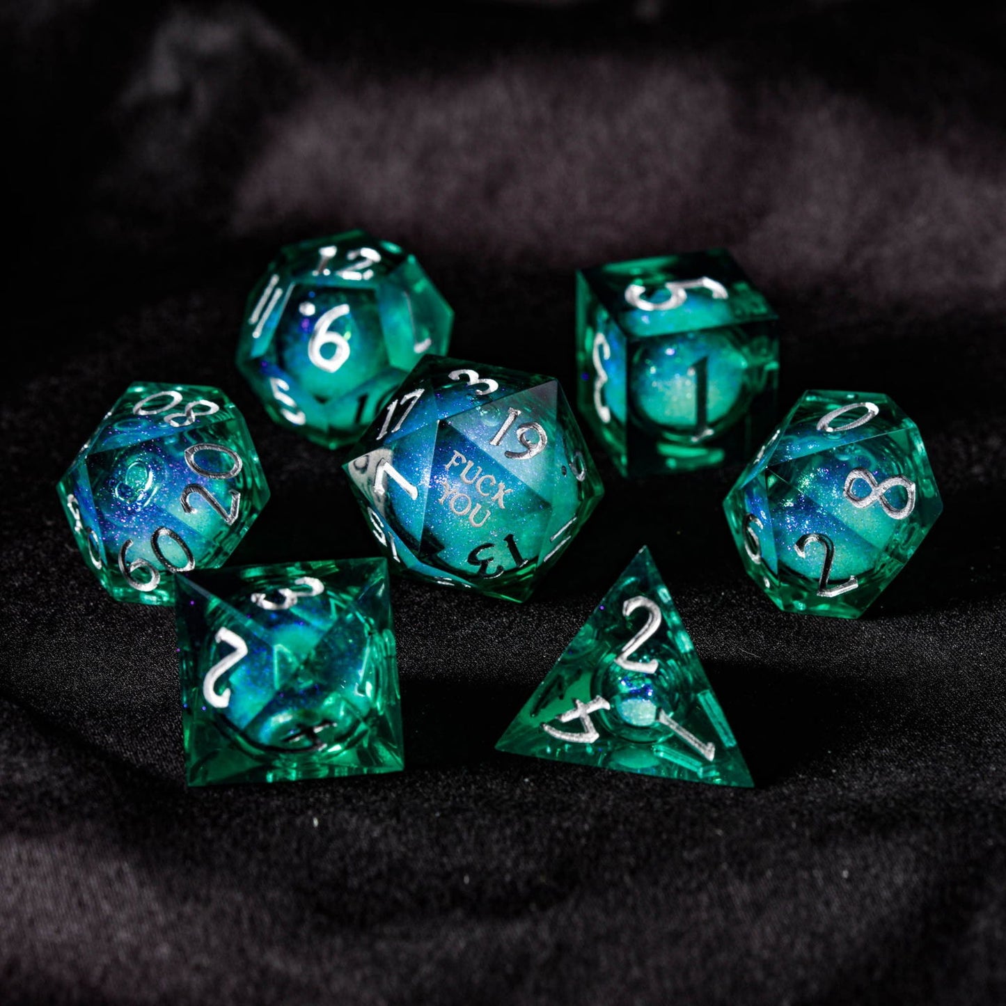 Green Liquid Core Resin Galaxy Dice F Word DnD D&D Dice Set - CrystalMaggie