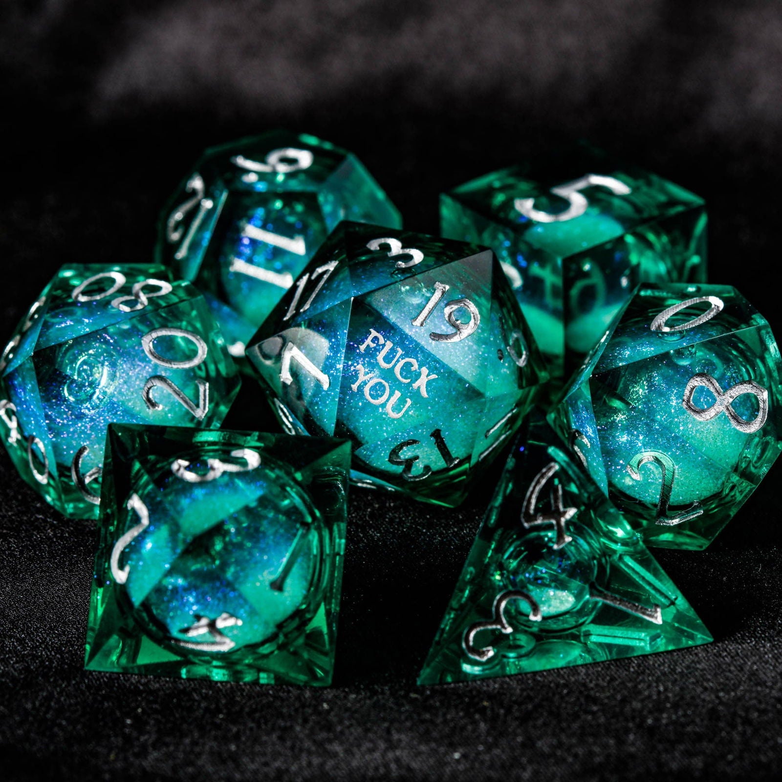 Green Liquid Core Resin Galaxy Dice F Word DnD D&D Dice Set - CrystalMaggie