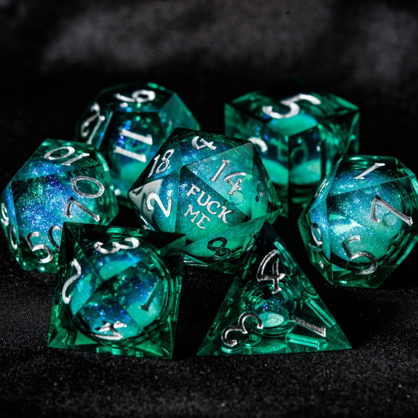 Green Liquid Core Resin Galaxy Dice F Word DnD D&D Dice Set - CrystalMaggie