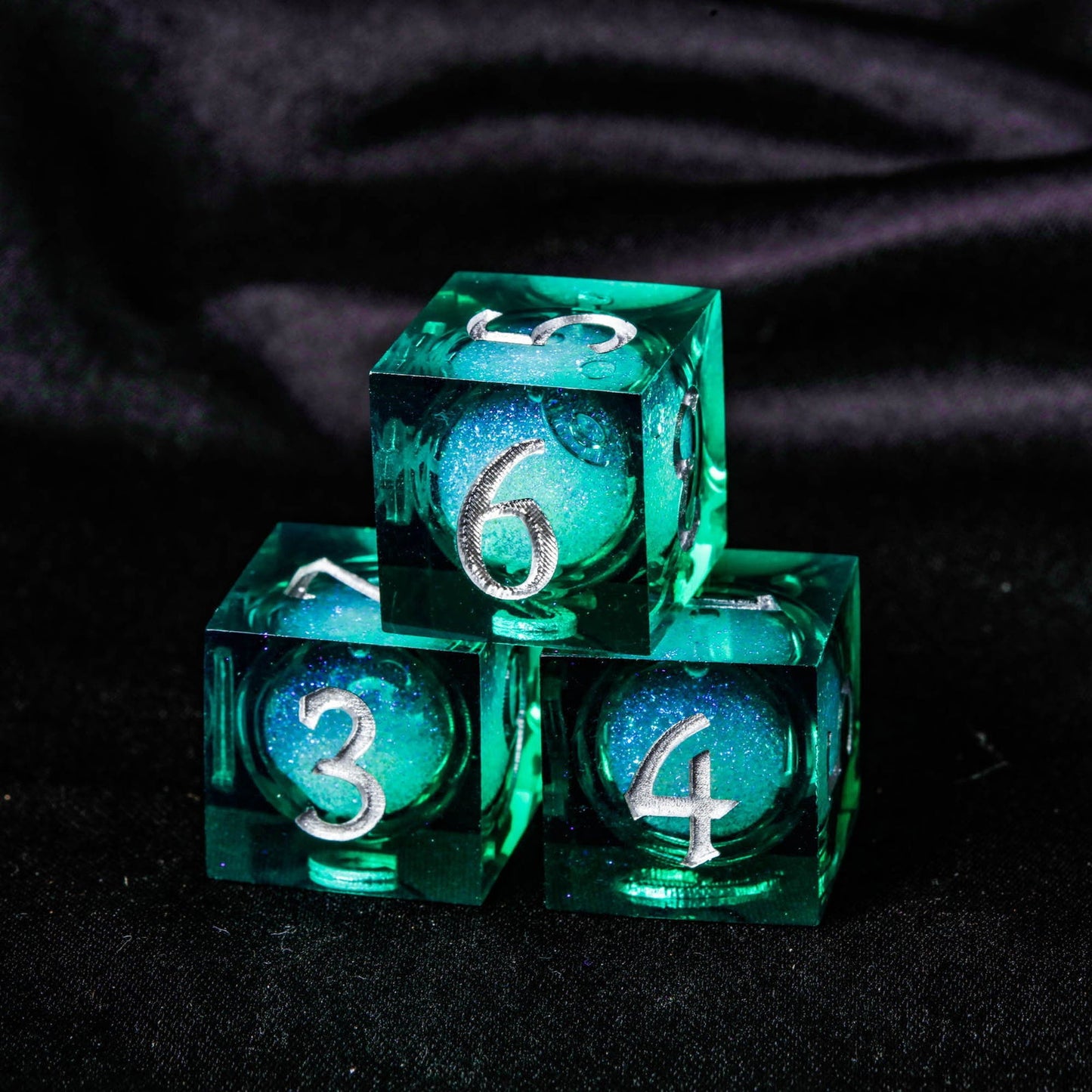 Green Liquid Core Resin Galaxy Dice F Word DnD D&D Dice Set - CrystalMaggie