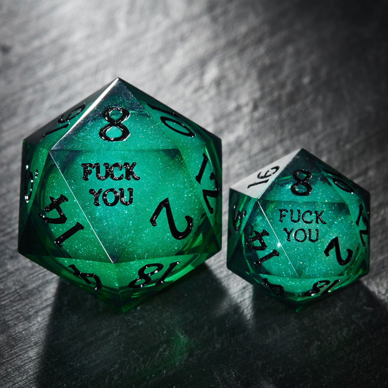 Green Liquid Core Resin Galaxy Dice F Word DnD D&D Dice Set - CrystalMaggie