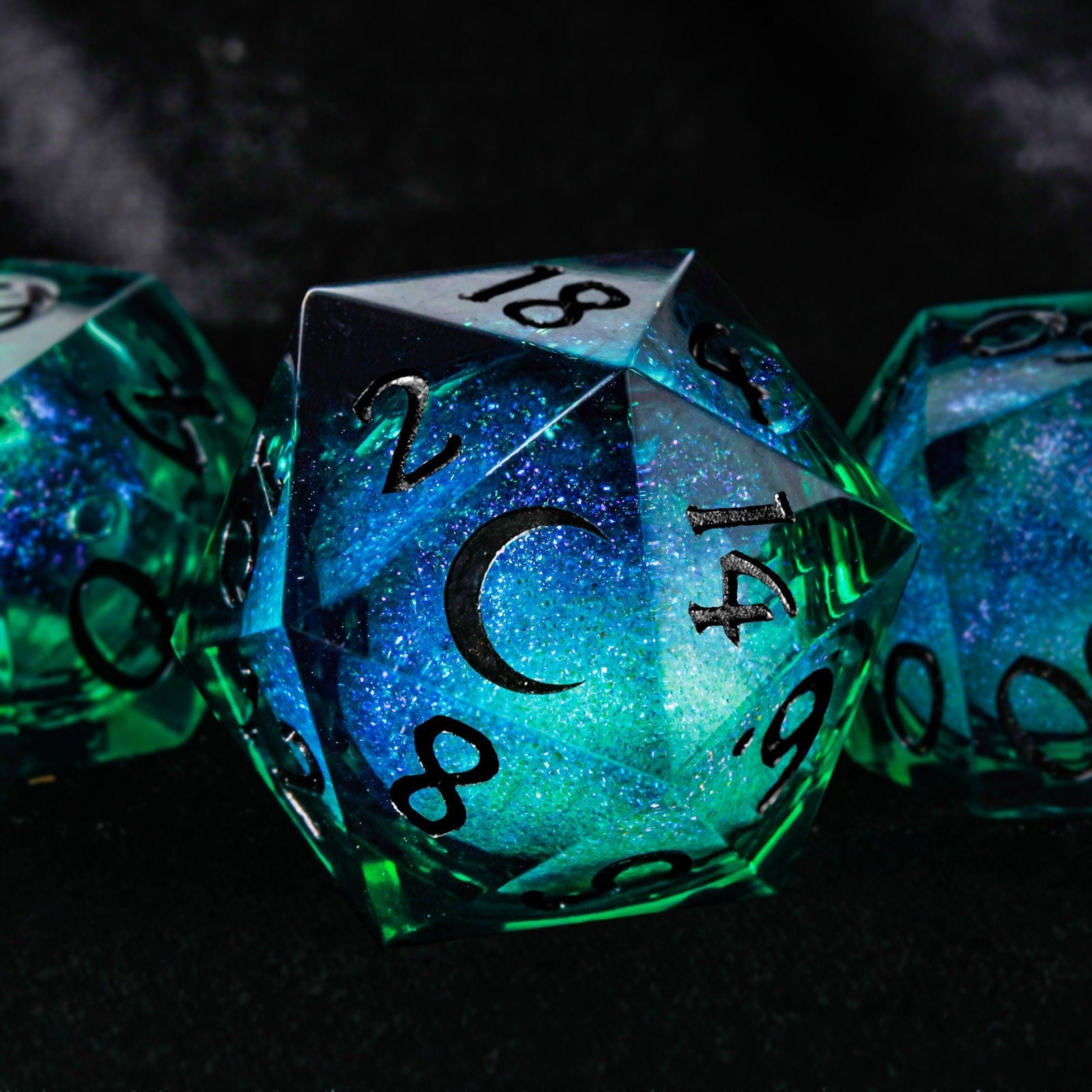 Green Liquid Core Resin Galaxy Dice Moon DnD D&D Dice Set - CrystalMaggie