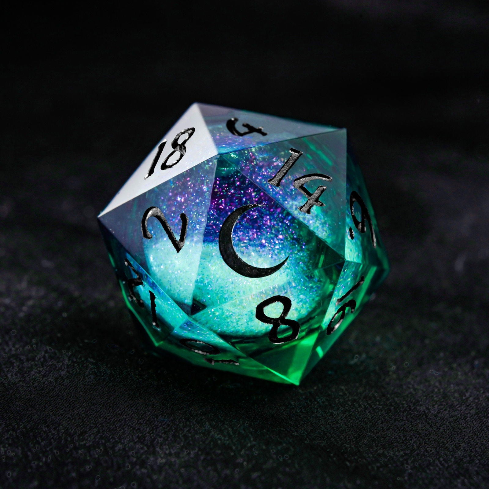 Green Liquid Core Resin Galaxy Dice Moon DnD D&D Dice Set - CrystalMaggie