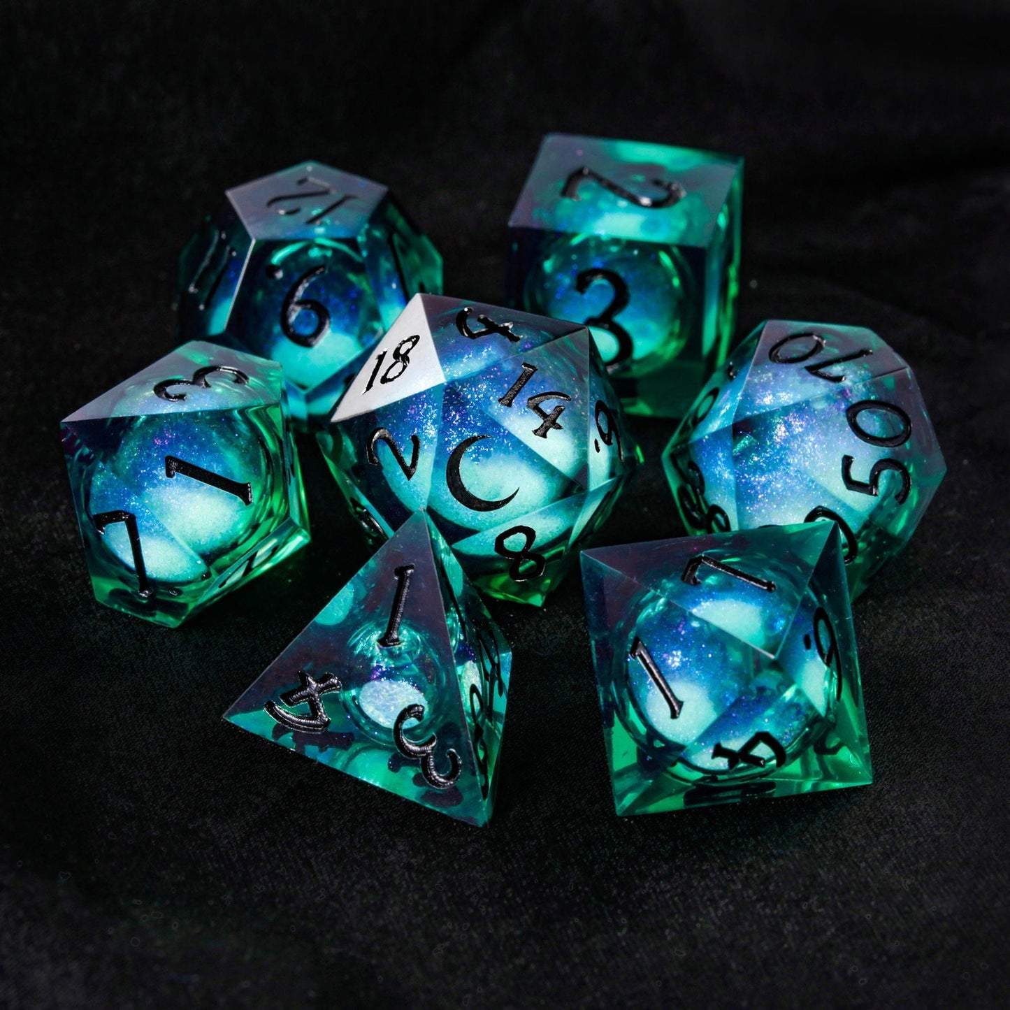 Green Liquid Core Resin Galaxy Dice Moon DnD D&D Dice Set - CrystalMaggie